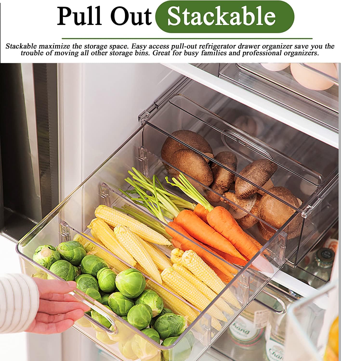 bealy Stackable Clear Storage Drawer with 3 Dividers for Pantry Shelf, Fridge Organizer for Fruit, Food,Vegetable, Pantry Containers Organization,BPA Free,6.34QT