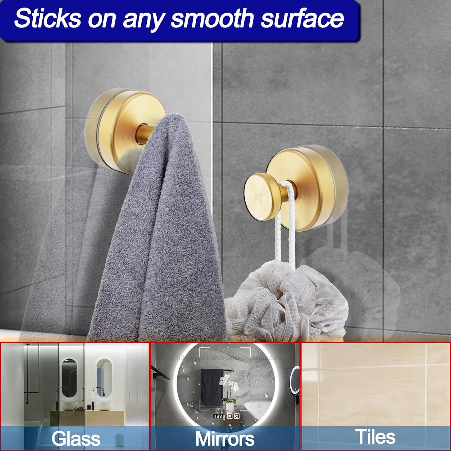 Suction Cup Hooks for Shower, Removable Towel Hooks for Bathroom Window Glass Door Wall, Bath Robe Looafh Hook for Hanging - 4 Pack, Gold1