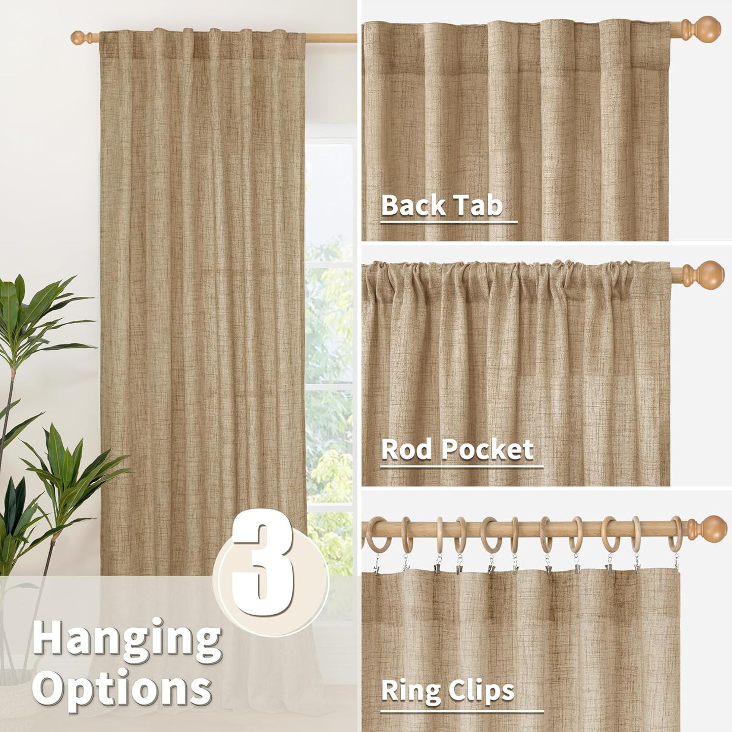 YoungsTex Toffee Linen Curtains 84 Inch Length 2 Panels for Farmhouse Living Room, Light Filtering Back Tab Burlap Textured Window Drapes for Bedroom Rod Pocket Rustic/Country, 52 X 84 Inch