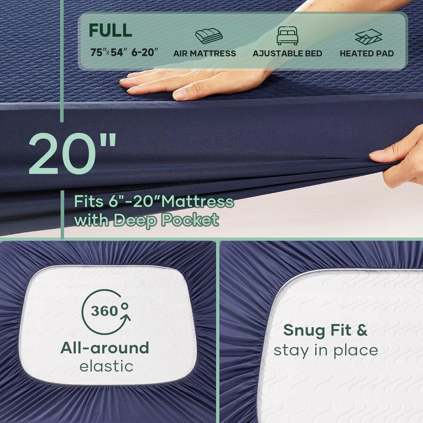 OhGeni 100% Waterproof Mattress Protector, Full Size Mattress Pad, Fits 6"-20" Mattresses with Deep Pocket, Cooling, Breathable Fitted Sheets, Soft Bed Cover, Noiseless, Machine Washable(Navy Blue)