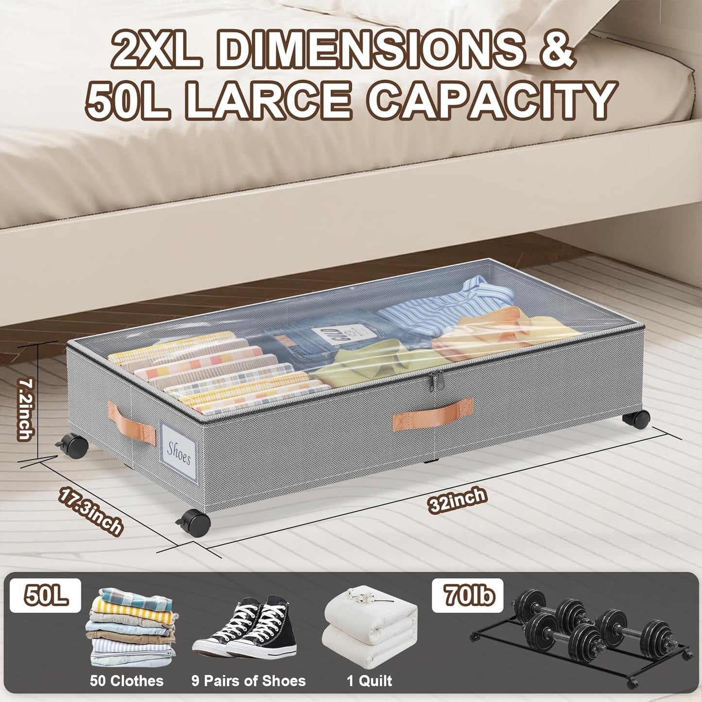 Under Bed Storage with Wheels, 2-Pack Under Bed Storage Containers with Clear Lids, XXL 65L Under the bed storage Organizer Bins, Rolling Under Bed Metal Drawer for Clothes,Shoes,Toys (Gray, 2-Pack)