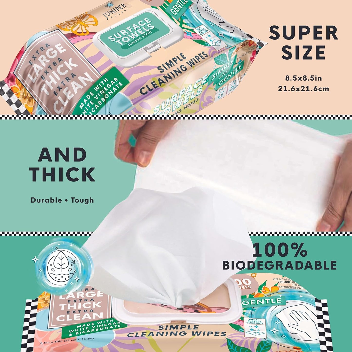 Single Surface Cleaning Wipes Bleach Free, Thick & Large Dispose, All-Purpose Cleaner for Bathroom, Kitchen, Office, 100 Count Soft Flow, Biodegradable, Juniper Scent