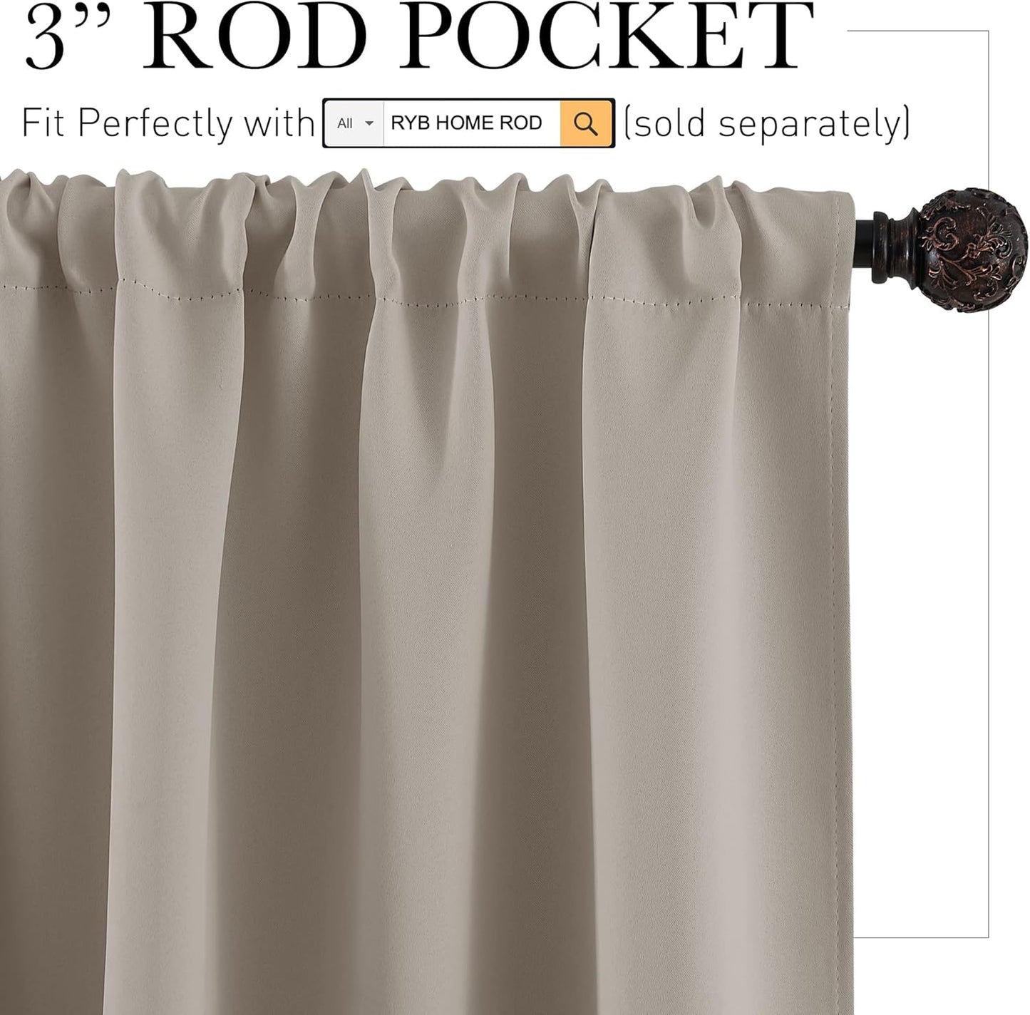 RYB HOME Small Curtains for Door Windows - Blackout Thermal Insulating Drapes for Home Theatre Bathroom Basement Cafe RV Camper Windows Blinds, Wide 34 x Long 30, Sand, 1 Pair