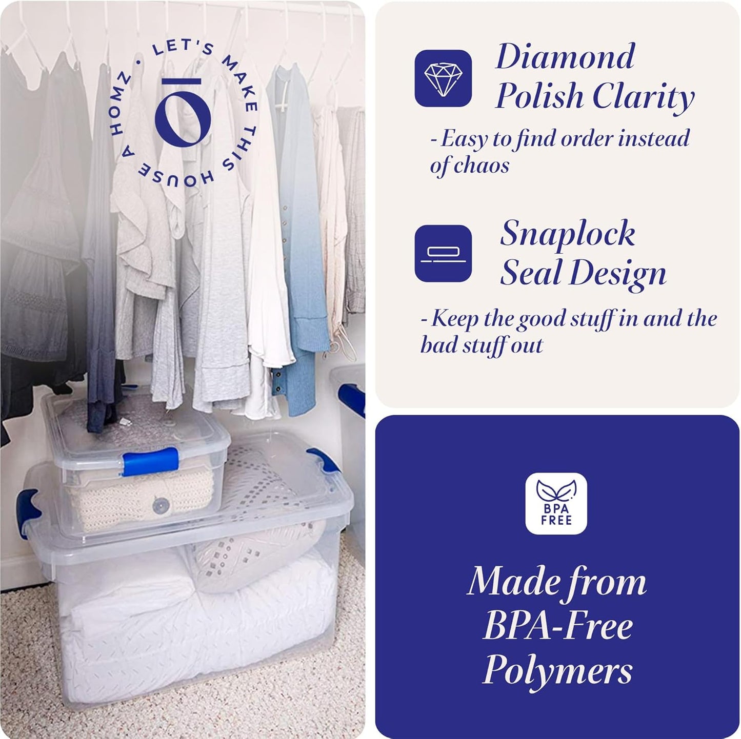 HOMZ 2-Pack Latching Lid, Clear Plastic Storage Organizer Bins, 112 Quart, Blue Latch - Stackable Organizing Containers for Home, Garage, and Office