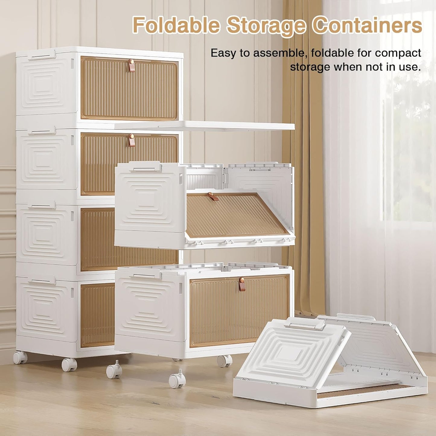 VECELO 3 Tier Storage Bins with Lid, Stackable Storage Boxes with Magnetic Doors & Wheels, Foldable Storage Containers, 23 QT Closet Organizers and Storage for Living Room, Office, Dorm