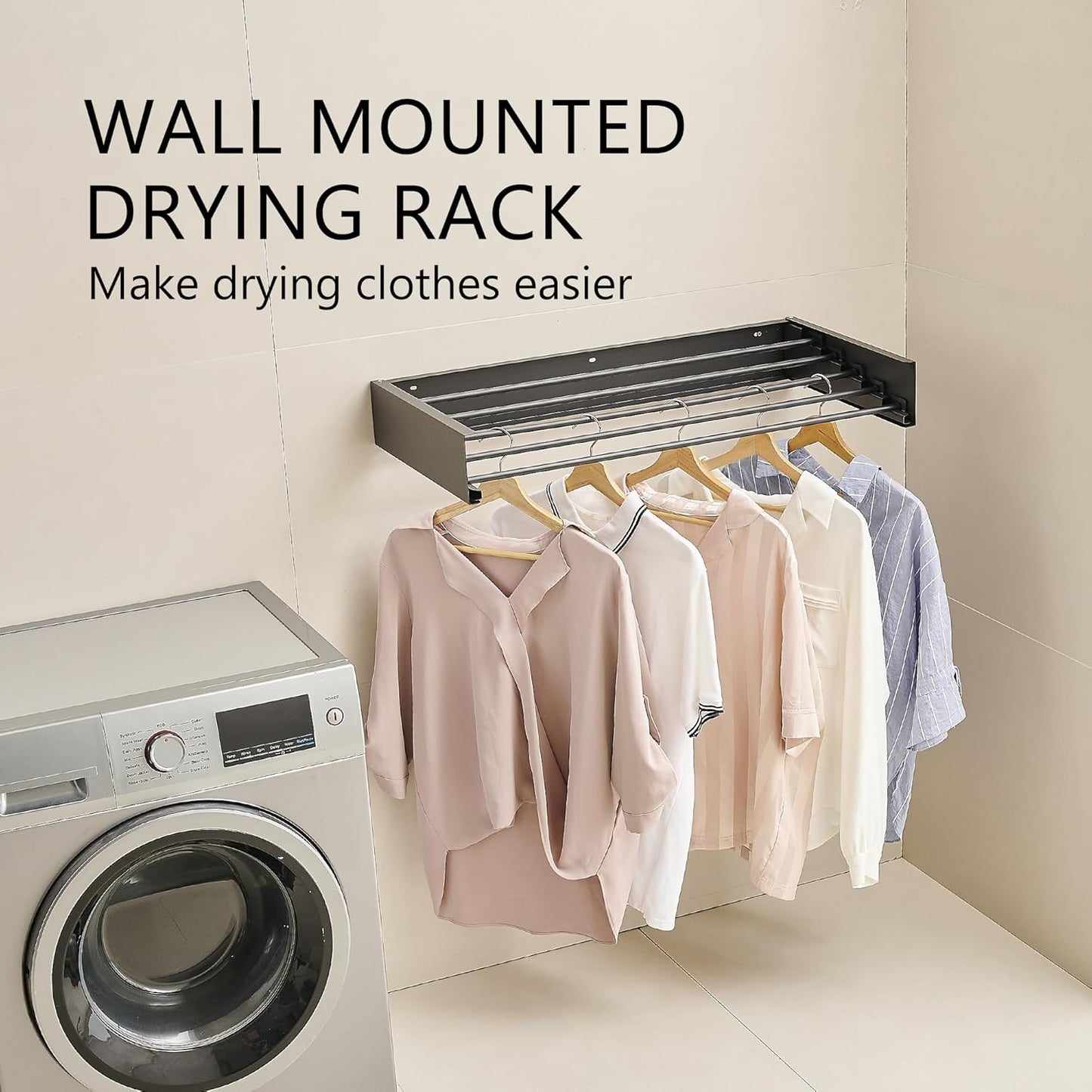 JOOM Laundry Drying Rack Collapsible, Wall Mounted Clothes Drying Rack, Retractable Drying Rack, 31.5" Wide, 5 Aluminum Rods, 60 lb Capacity (Black 31.5")