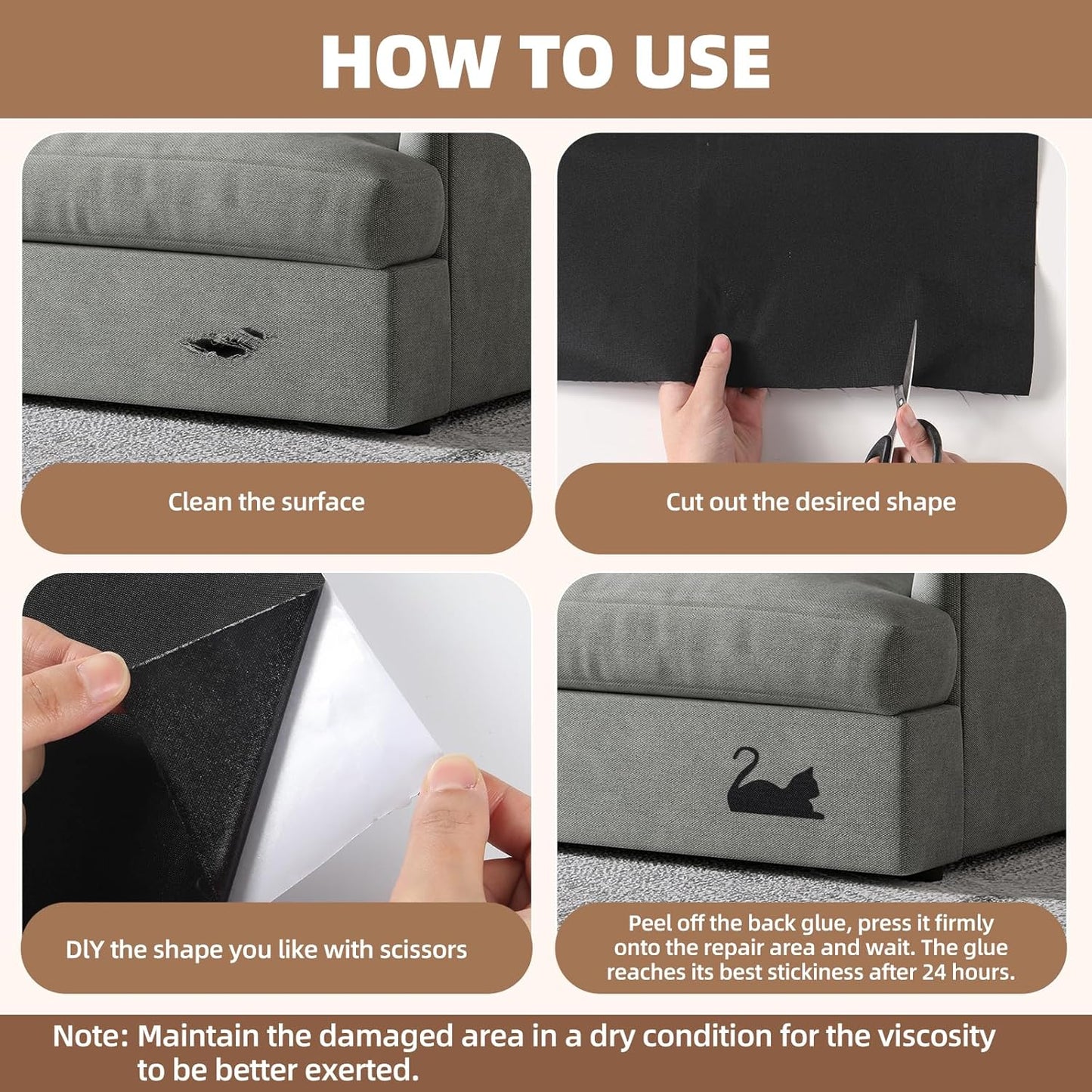 Fabric Repair Patch, 17X79 Inch Large Repair Tape, Self-Adhesive Patches for Furniture, Sofa, Car Interior, Shoes, Hand Bag, Clothing (Dark Grey, 17X79 Inch)