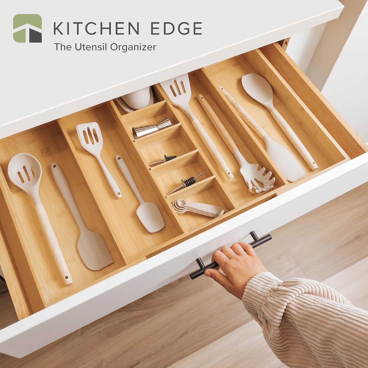 KitchenEdge Adjustable Kitchen Drawer Organizer for Utensils and Junk, Food-Safe Contract Grade with 100% Sustainable Wood, Expandable from 16 to 28 Inches Wide - Natural Bamboo