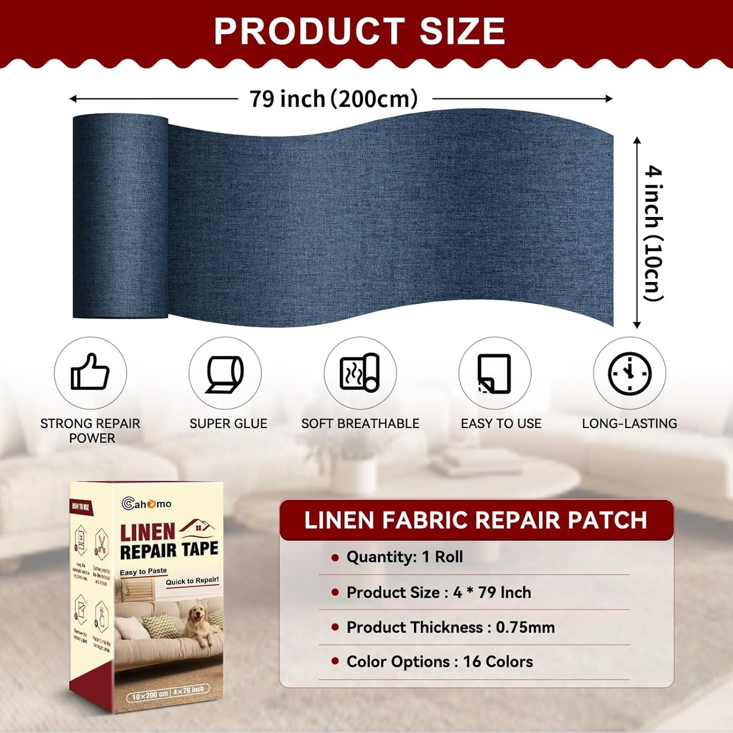 Linen Repair Tape 4x79 inch, Self Adhesive Fabric Patches, Linen Patch Tape Kit, Fabric Repair Tape for Couch Sofas, Headboards, Chairs, Pillows, Curtains, Couches - Navy Blue