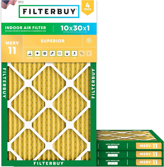 Filterbuy 10x30x1 Air Filter MERV 11 (MPR 1200) Allergen Defense Replacement (4-Pack), Electrostatic Pleated HVAC AC Furnace Filters, Made in USA (Actual Size: 9.50 x 29.50 x 0.75)