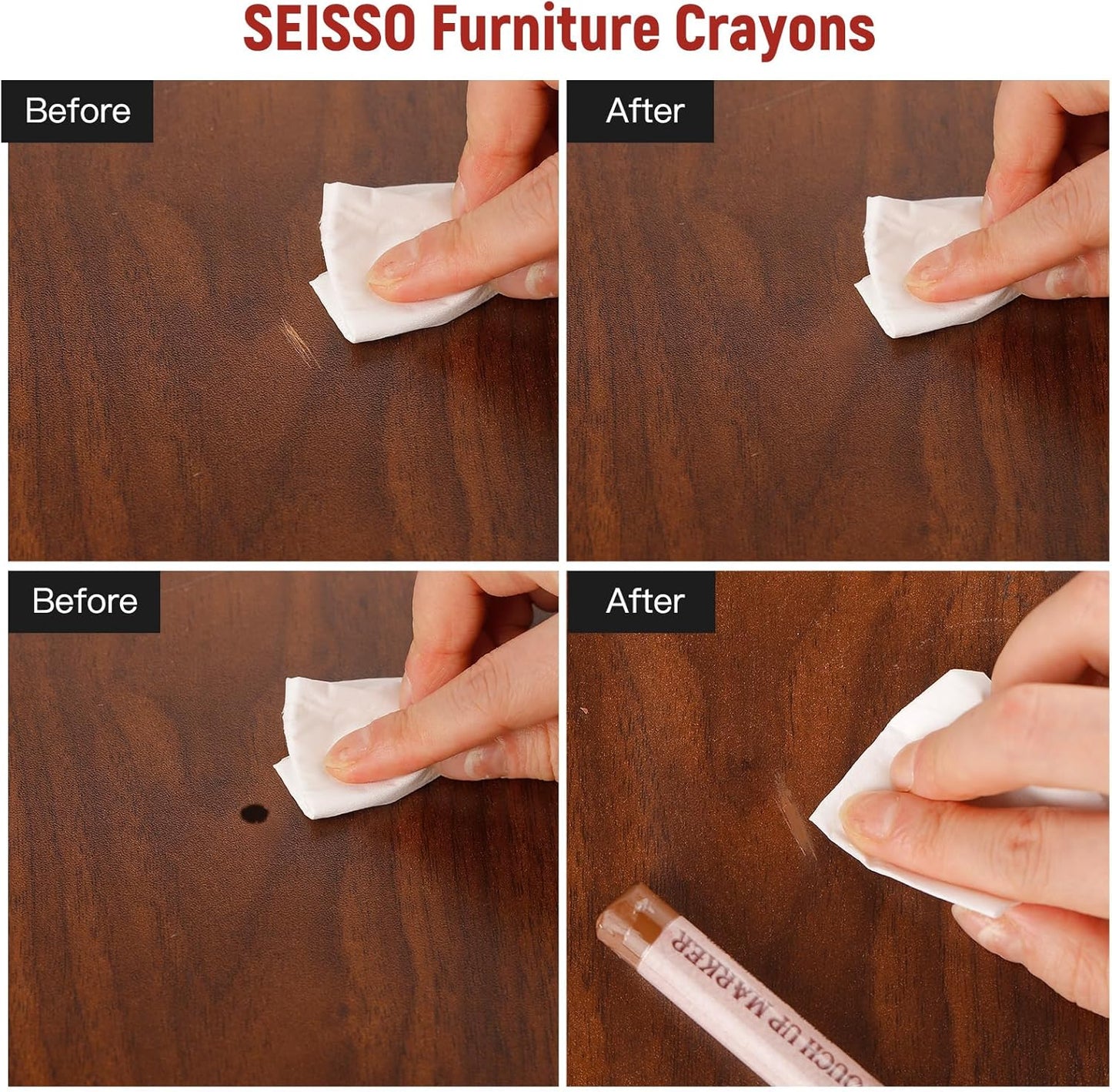 SEISSO Furniture Repair Crayon, 6 Pcs - Wood Filler Sticks, Scratch Repair Wax, Furniture Marking Repair - Scratch, Hole, Table, Wood Floor, Guitar, Covering, Instrument Fill Sticks-Cherry Wood