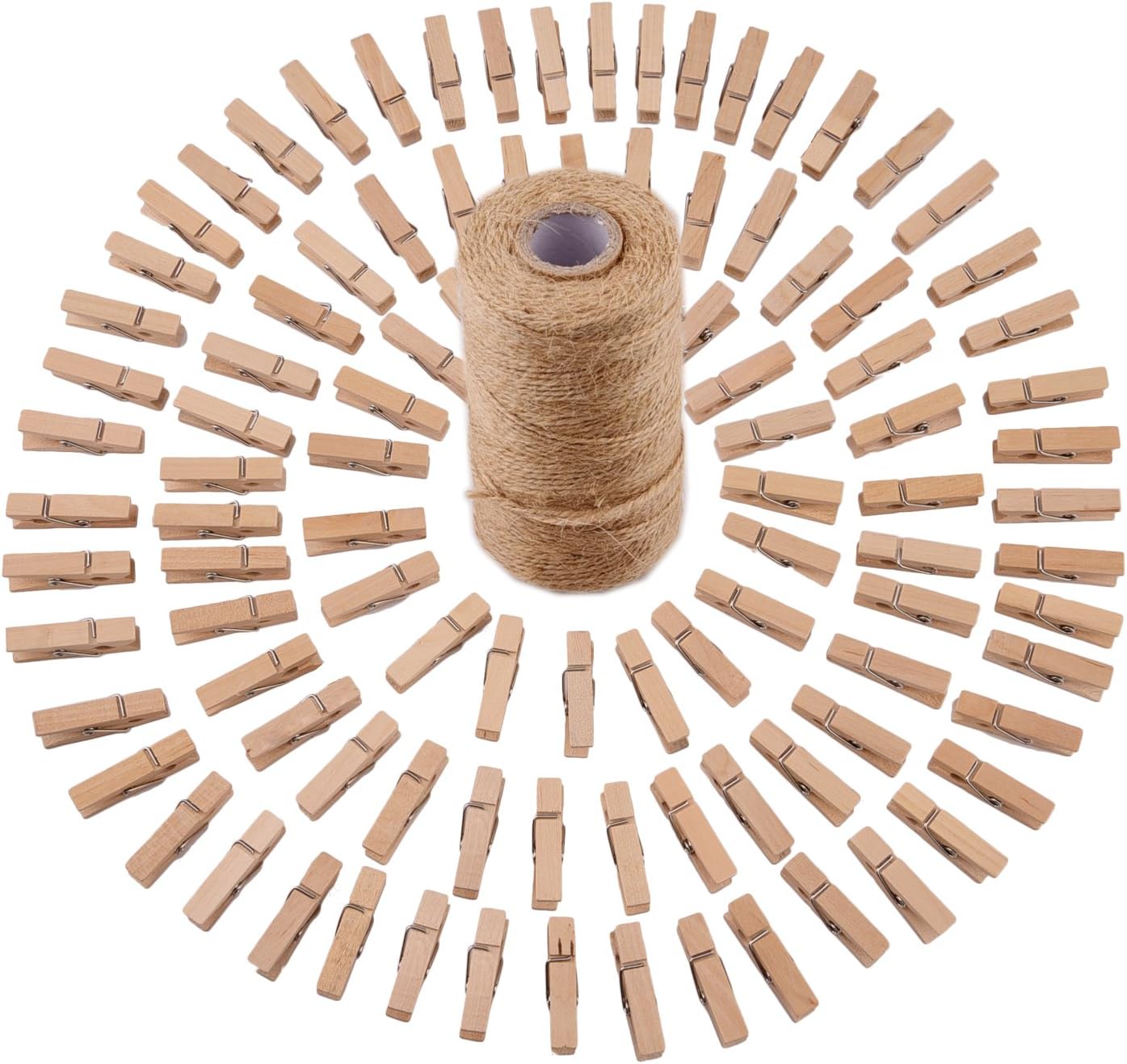 320 Feet Jute Twine and 100 Pieces Mini Natural Wooden Craft Clothespins Pegs Clips