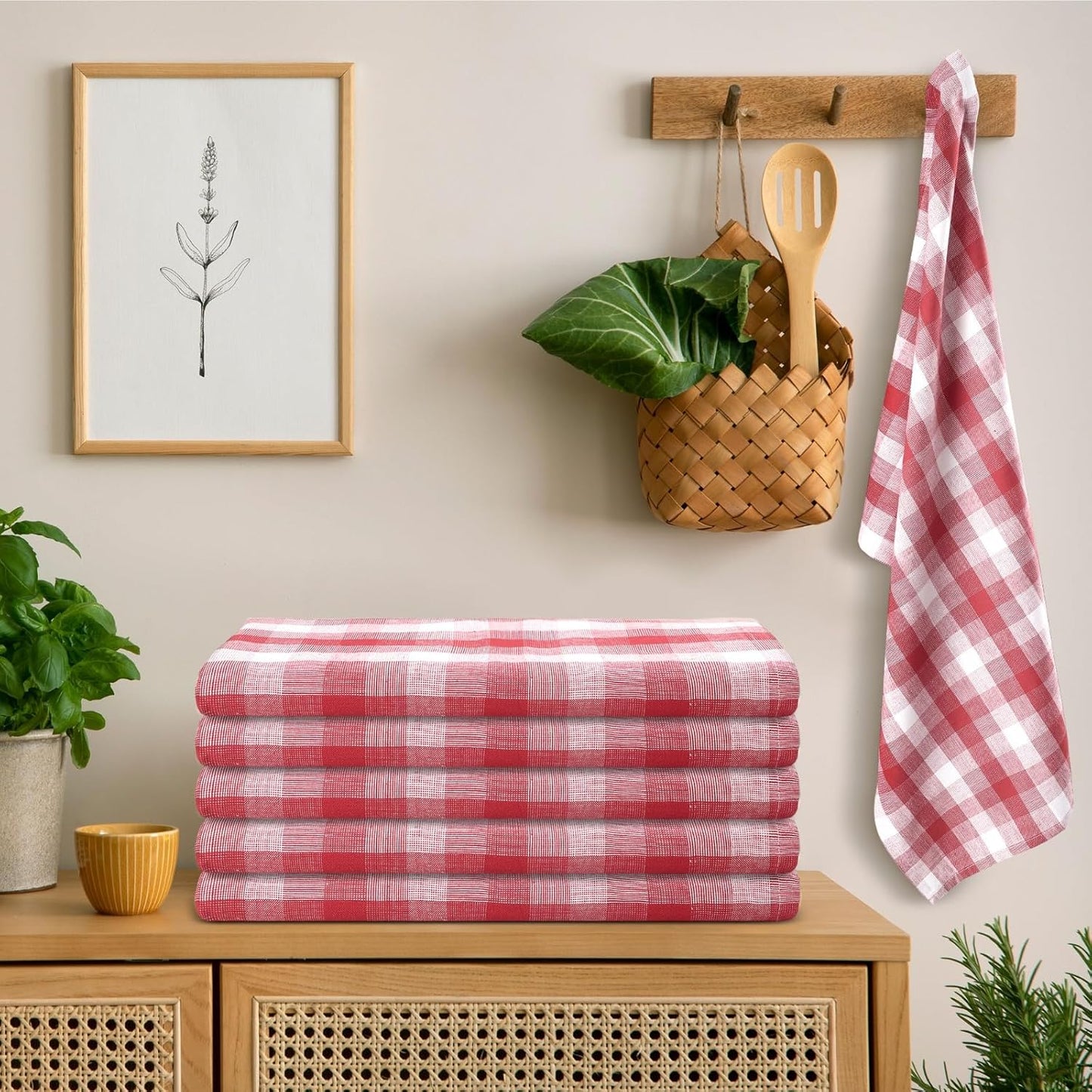 Christmas Kitchen Towels Set of 6 Red/White Checks, Reusable Cotton 20X30 Inches Dish Towel Highly Absorbent Premium Quality Ultra Soft Mitered Corners Kitchen Towels
