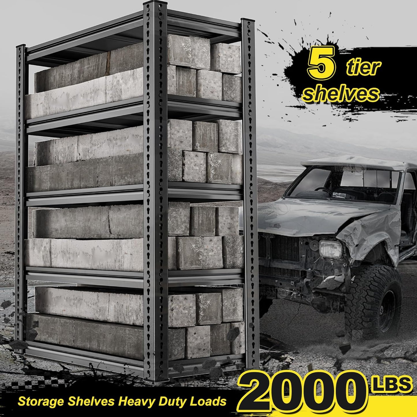 REIBII Garage Shelving Load 2000 LBS, Adjustable 5-Tier Storage Shelves, Metal Shelving Units and Storage Rack Shelf for Garage, Basement, Kitchen, 32" W x 17" D x 72" H, Black