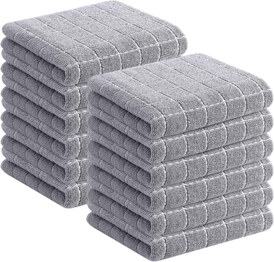 Homaxy 100% Cotton Terry Kitchen Towels(Light Grey, 13 x 28 inches), Checkered Designed, Soft and Super Absorbent Dish Towels, 12 Pack