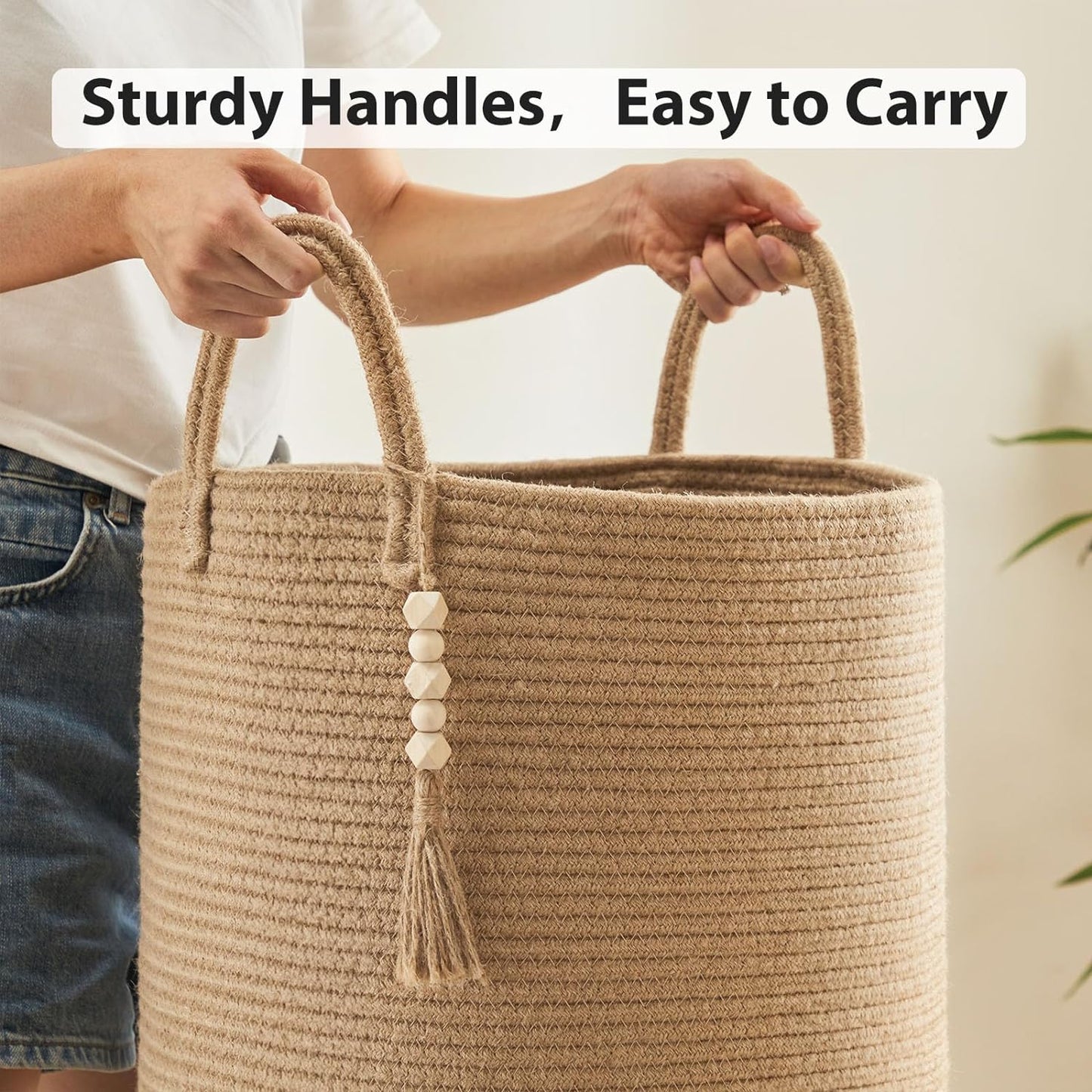 Jute Woven Rope Laundry Hamper, Tall Laundry Basket for Blanket Storage, Large Dirty Clothes Hamper for Toys, Decorative Baby Nursery Hamper for Bedroom, Living Room - Jute Brown, 72L