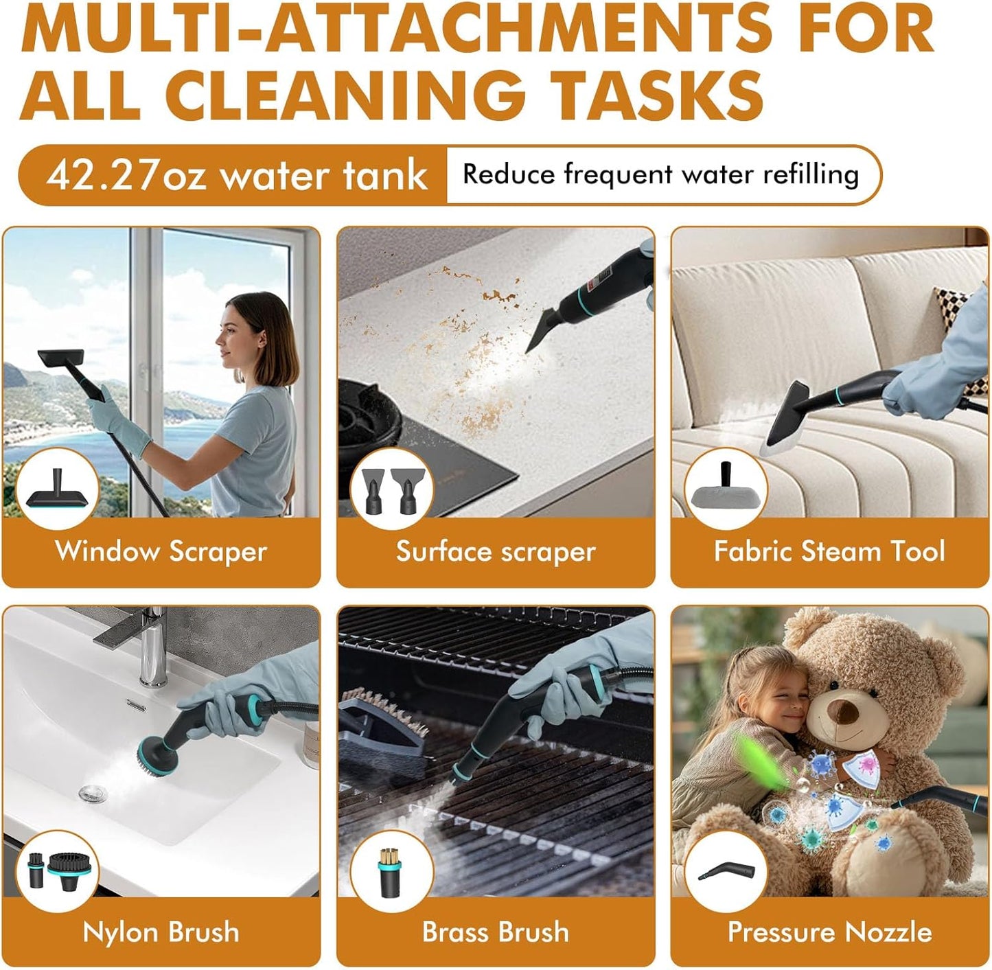 Handheld Steam Cleaner for Home,15s Heat-Up 42.27oz Tank,2500W Portable Steamer for Cleaning,with 15 pcs Accessories,Pressurized Steam Cleaner,Grease,Grout,Furniture,Bed Bugs,Floor,Couch and Car