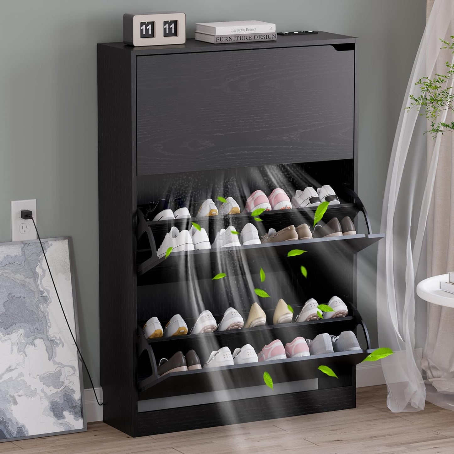 Shoe Cabinet with Odor Control and Back Panels, Deodorizing Slim 3-Flip Shoe Storage Cabinet for Entryway, Freestanding Hidden Shoe Rack Organizer for Entrance, Hallway, Bedroom