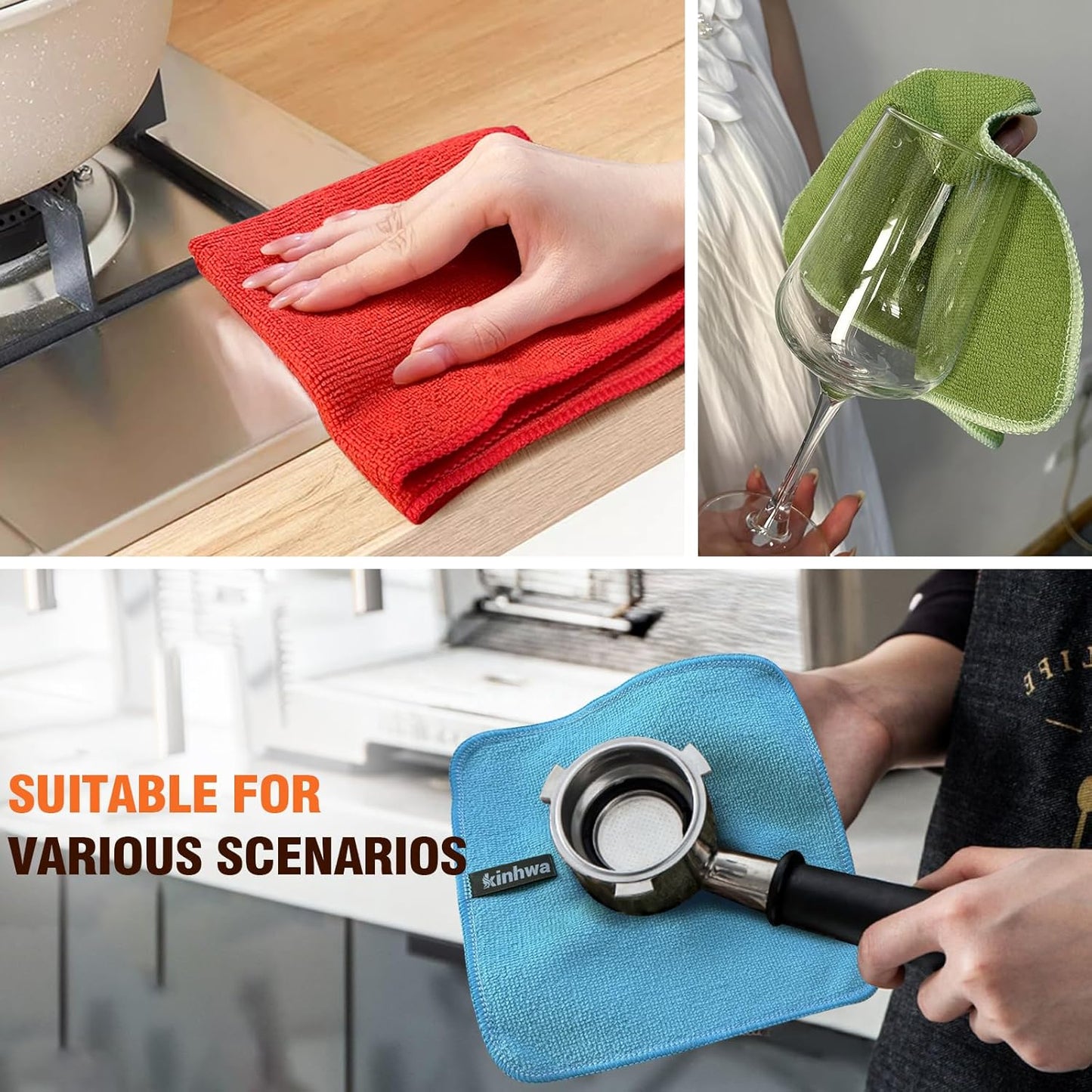 KinHwa Kitchen Washcloths for Dishes Absorbent Microfiber Dish Cloths Quick Dry Dish Rags with Poly Scour Scrub Side Ideal for Kitchen Cleaning (Mixing Colors #1, 7inch 12 Pack no net)