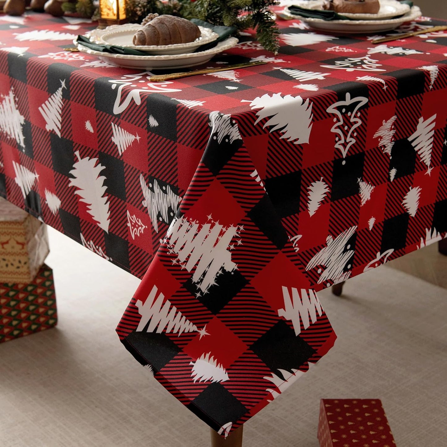 Waterproof Christmas Tree Tablecloth Fabric - Red Oblong 52x70 Inch Classic Buffalo Tartan Festive Table Cloth for Indoor Use - New Year Tabletop Cover for Dinner, BBQs, and Parties
