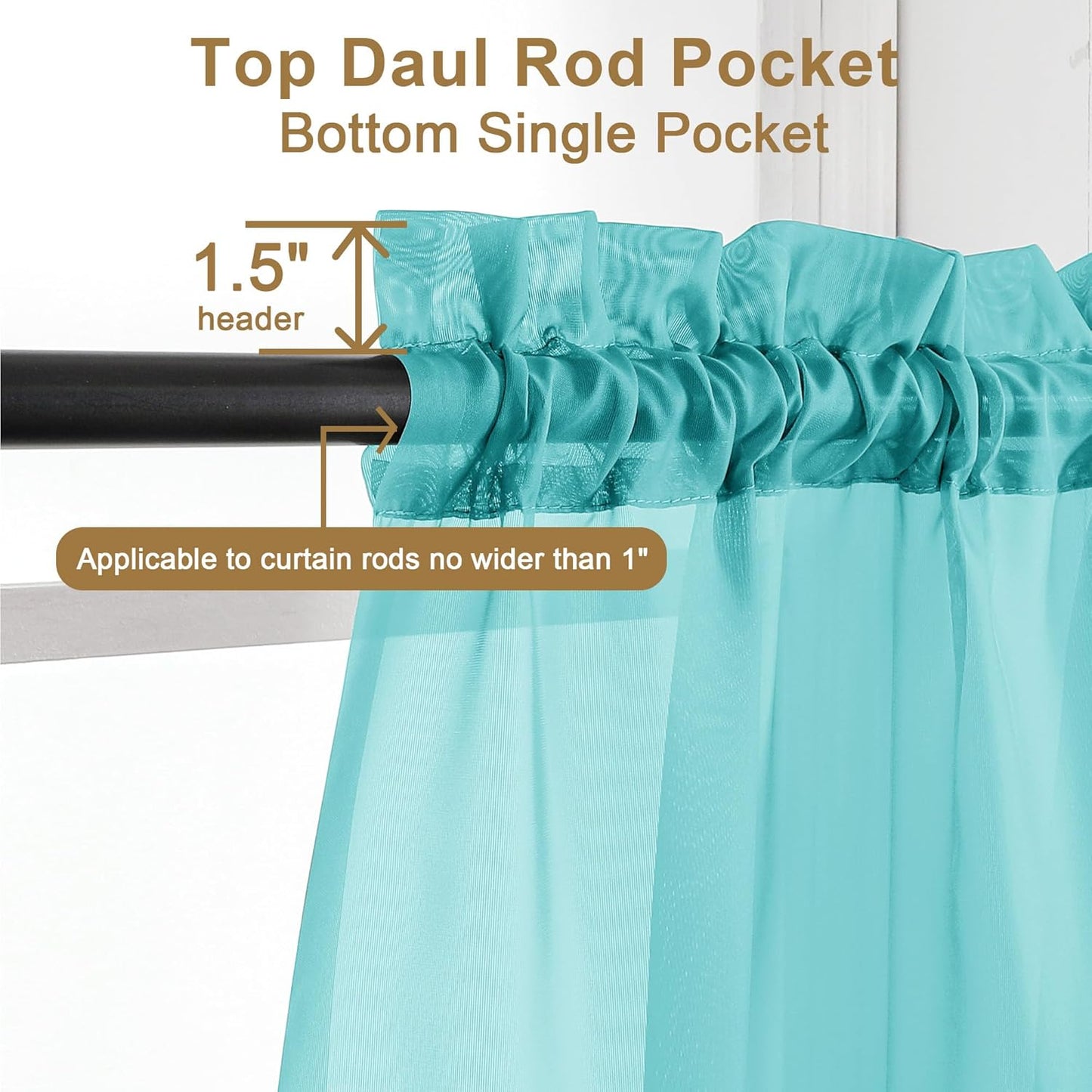 Chyhomenyc Turquoise Sheer Curtains 30 inch Length 2 Panels, Light Filtering Voile Rod Pocket Short Window Curtians for Bathroom Living Room Farmhouse Small Windows, 42Wx30L inches
