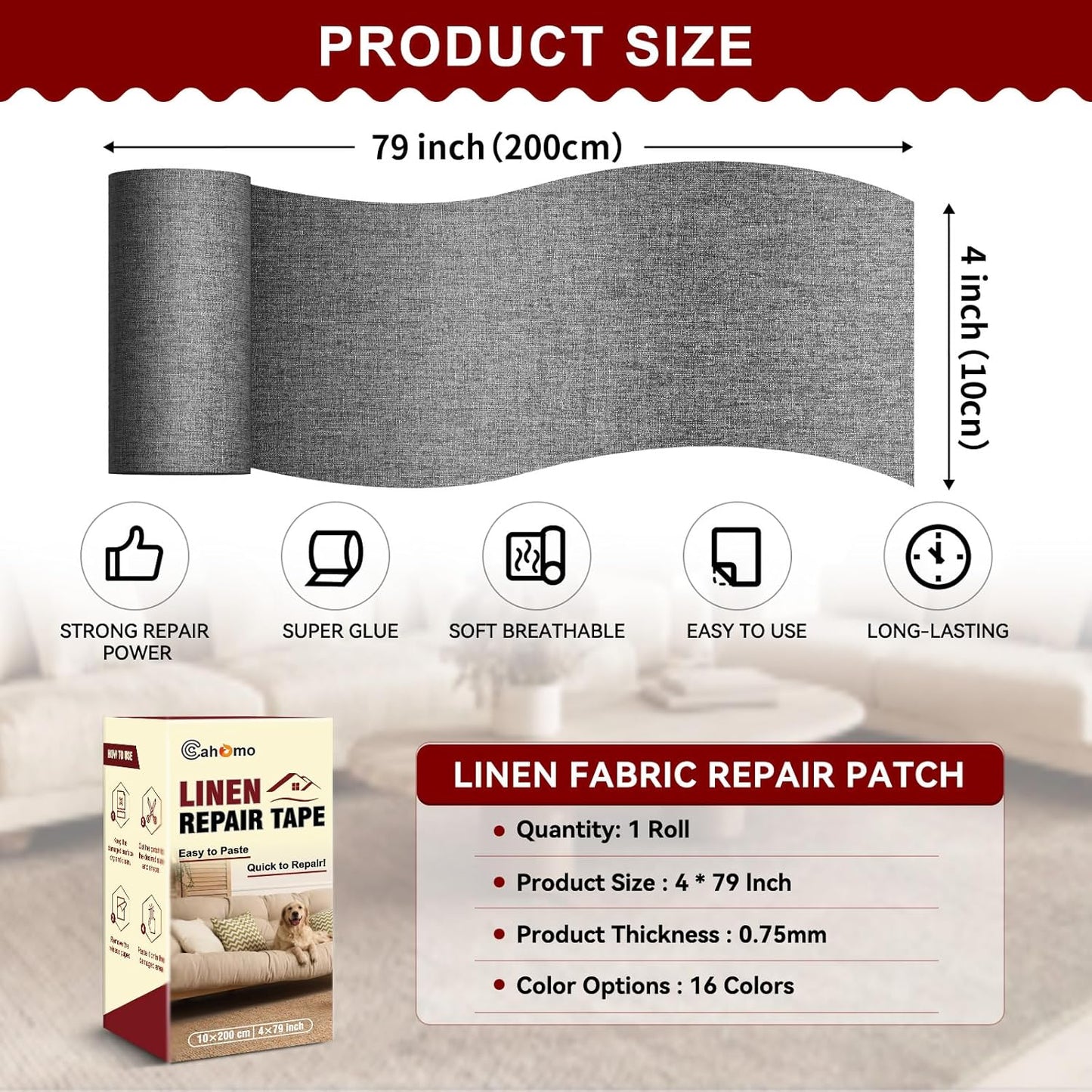 Linen Repair Tape 4x79 inch, Self Adhesive Fabric Patches, Linen Patch Tape Kit, Fabric Repair Tape for Couch Sofas, Headboards, Chairs, Pillows, Curtains, Couches- Dark Grey