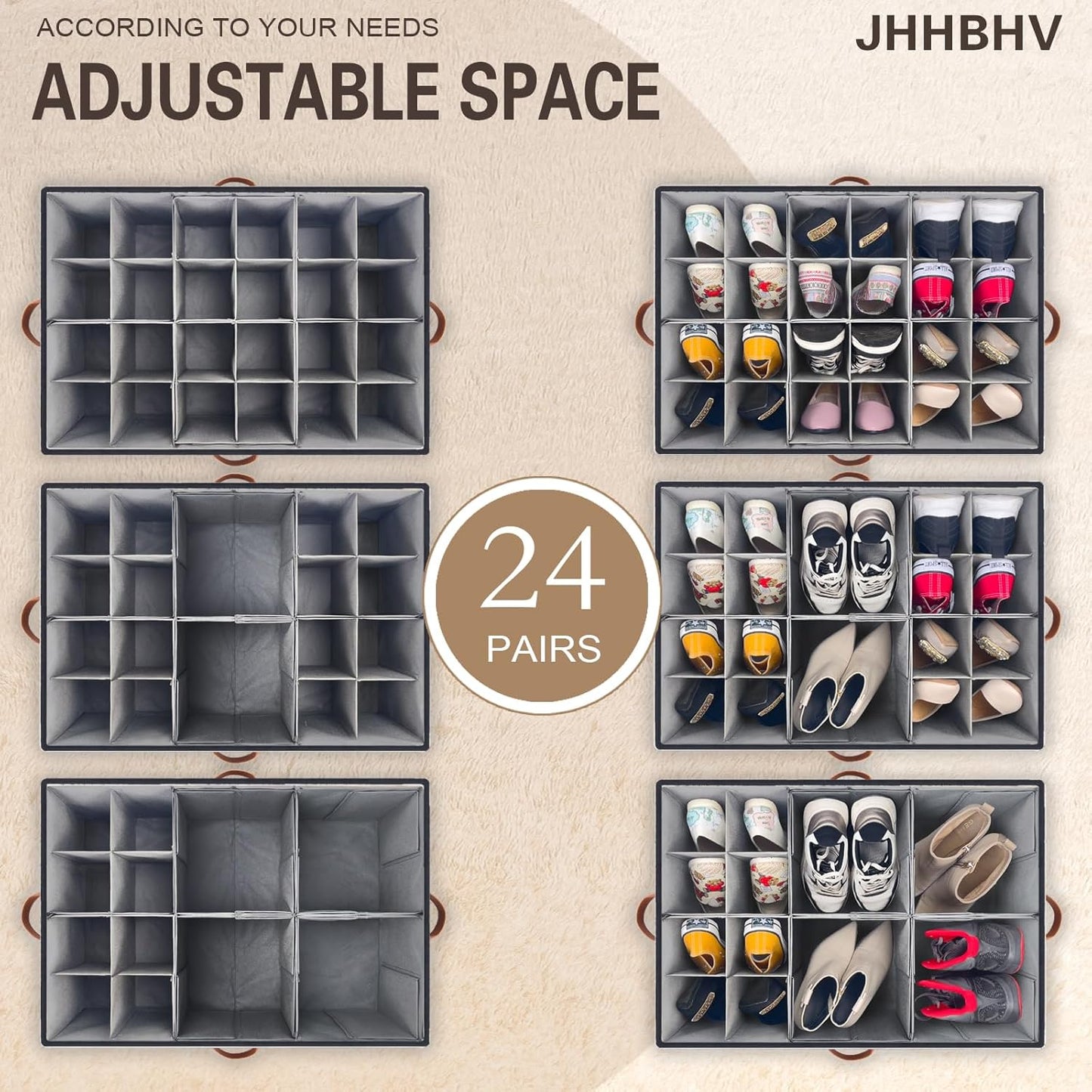 2 Pack Shoe Organizer for Closet, Adjustable Shoe Box Storage Containers, Large Foldable Shoe Bins with Clear Cover, Space Saving Shoes Holder with 4 Handles, Fits 24-48 Pairs, Black