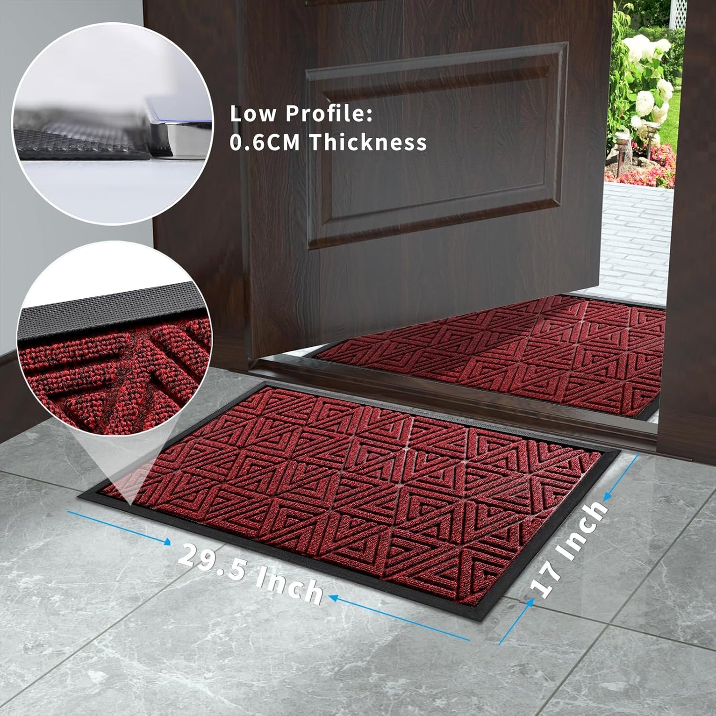 Yimobra Outdoor Mats for Front Door 29.5x17, All-Weather Waterproof Non-Slip Outdoor Door Mat Outside Eentrance, Garage/Patio Entryway Indoor Doormat, Easy Clean, Black Red
