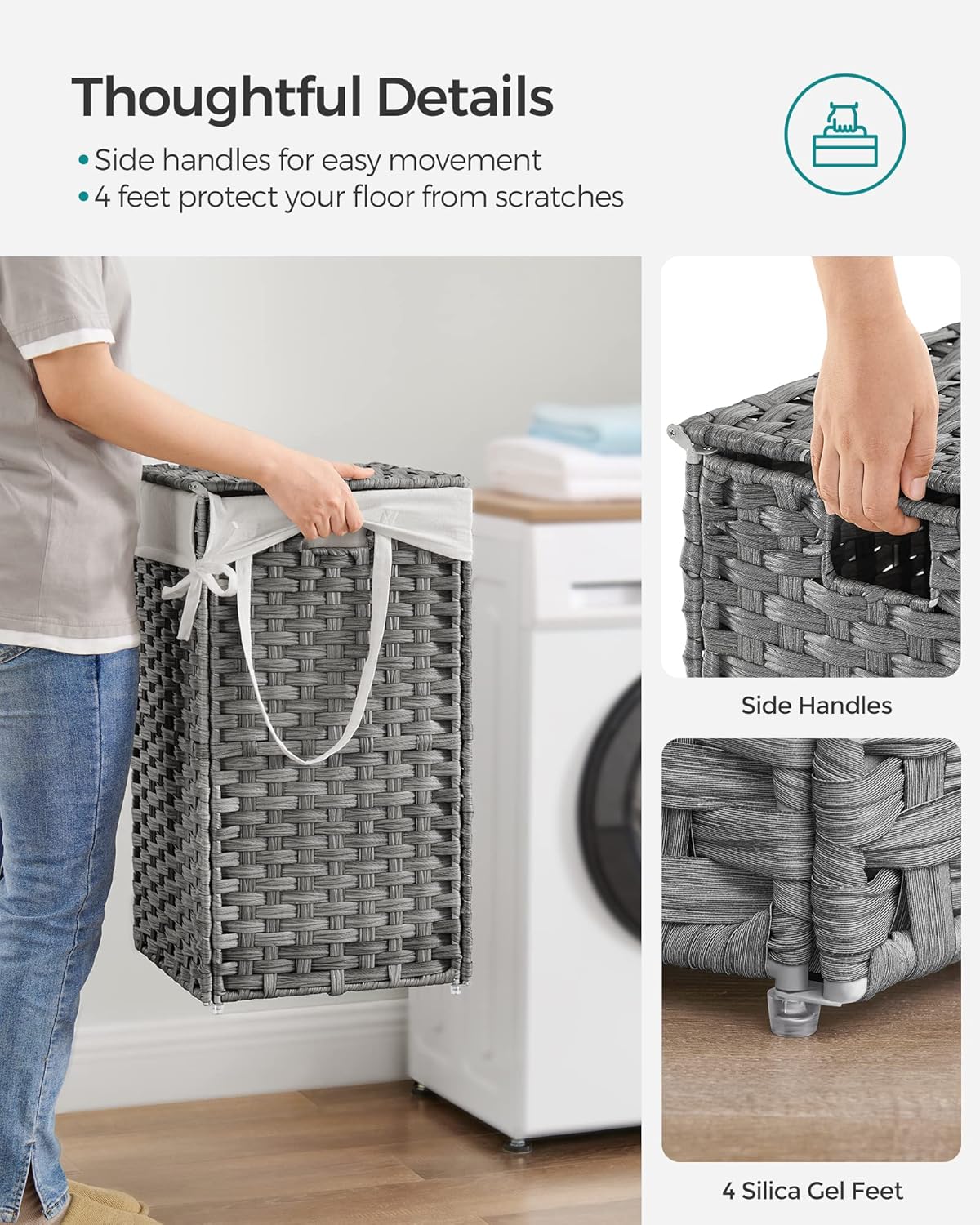 SONGMICS Laundry Hamper with Lid, 17.2 Gallon (65 L) Synthetic Rattan Clothes Laundry Basket with Lid and Handles, Foldable, Removable Liner, Dove Gray ULCB165G01