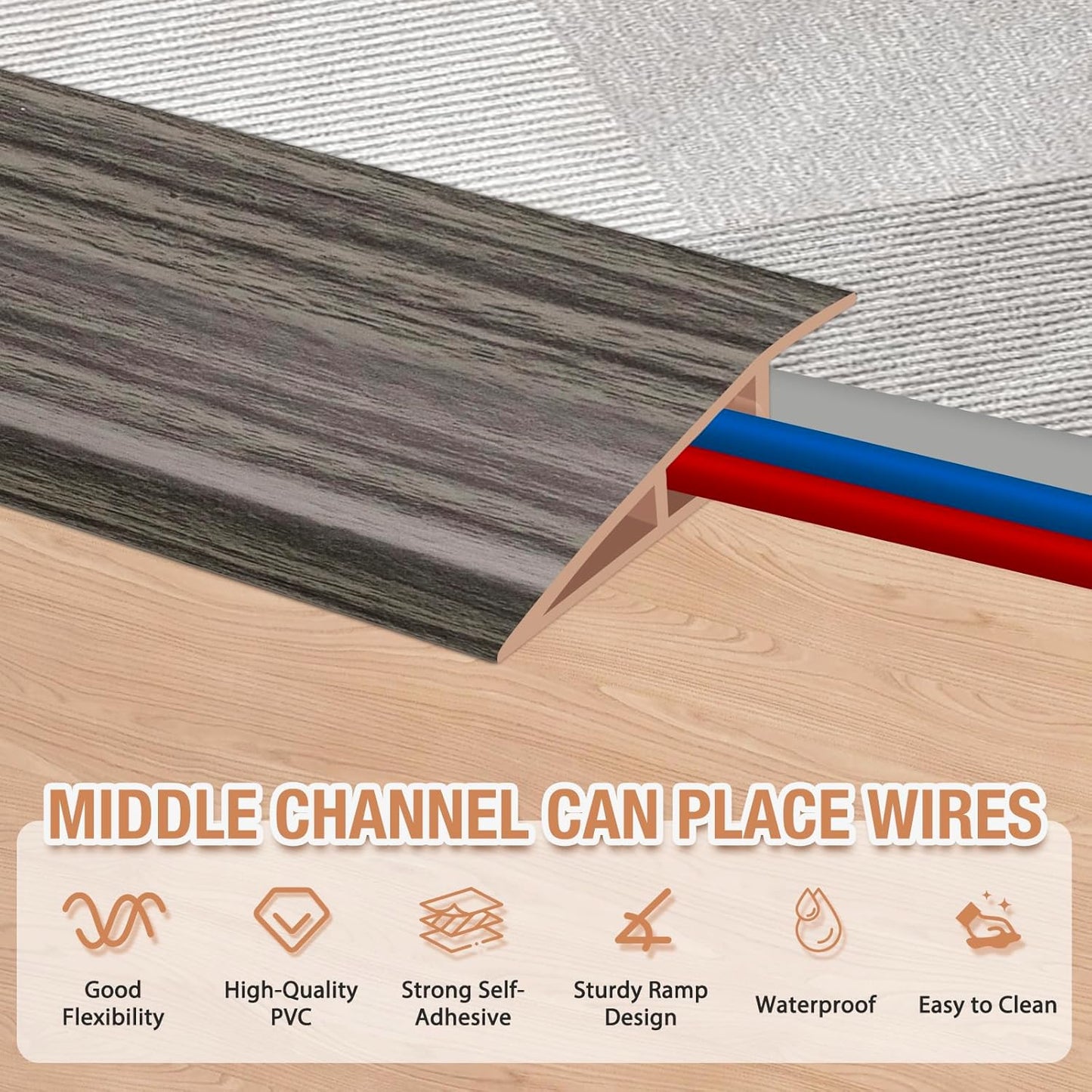 Floor Transition Strip Self Adhesive Vinyl Door Threshold for Doorways Carpet Edging Trim Overlap Edge Reducer for Laminate Floor, Carpet, Tile (Grayish Brown Wood Grain, 3/5" to 4/5", 3.3Ft)