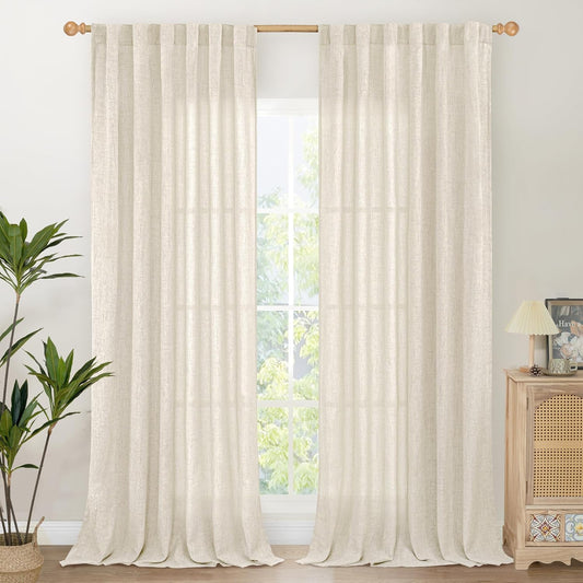 YoungsTex Linen Curtains 90 Inch Length for Living Room, Light Filtering Semi Sheer Window Drapes Rod Pocket Back Tab Curtain for Bedroom Dining Room Office Privacy, 2 Panels, 52 X 90 Inch
