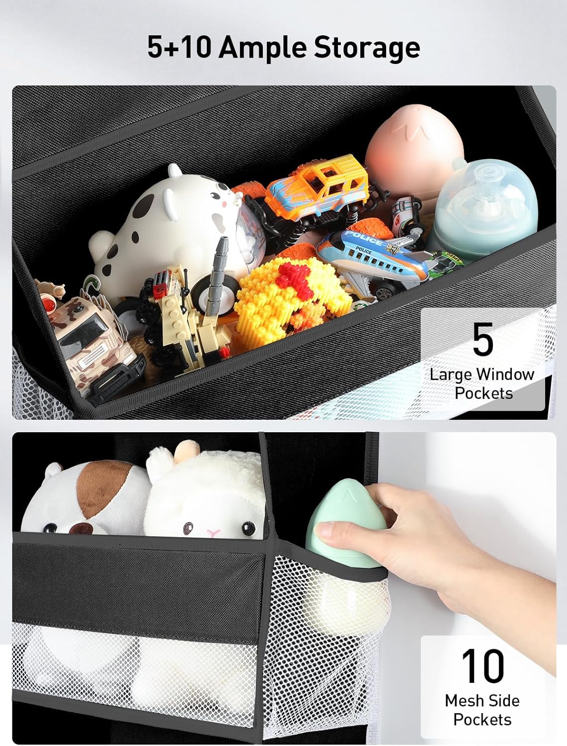 Yecaye 2 Pc Over the Door Organizer with 5 Bins 10 Side Pockets, 44lbs Load Hanging Bathroom and Bedroom Organizer, behind the Door Hanging Organizers for Nursery Newborn Baby Essential Stuff Black