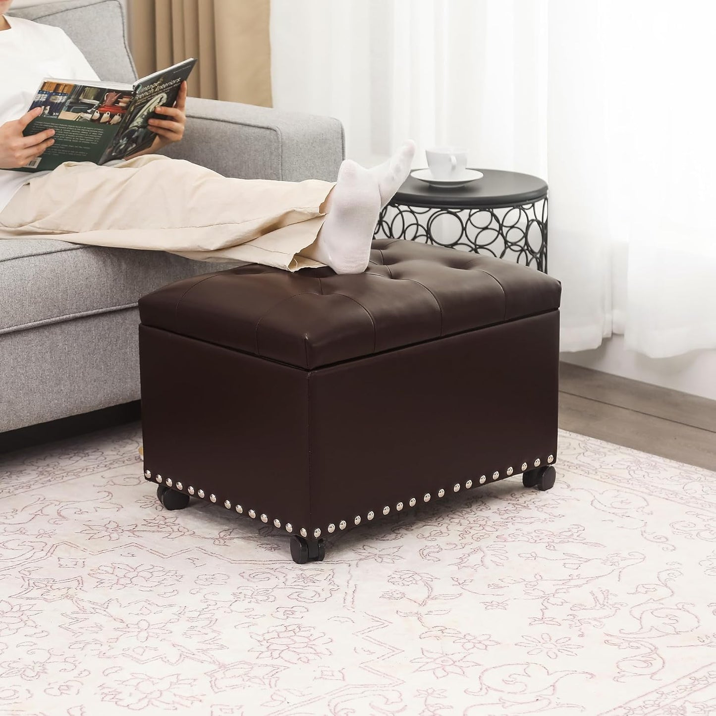 Joveco Leather Storage Ottoman with 360° Caster Wheels 24" Foot Rest Bench Rectangle Ottomans Stool for Living Room Bedroom (Brown, Wheels)