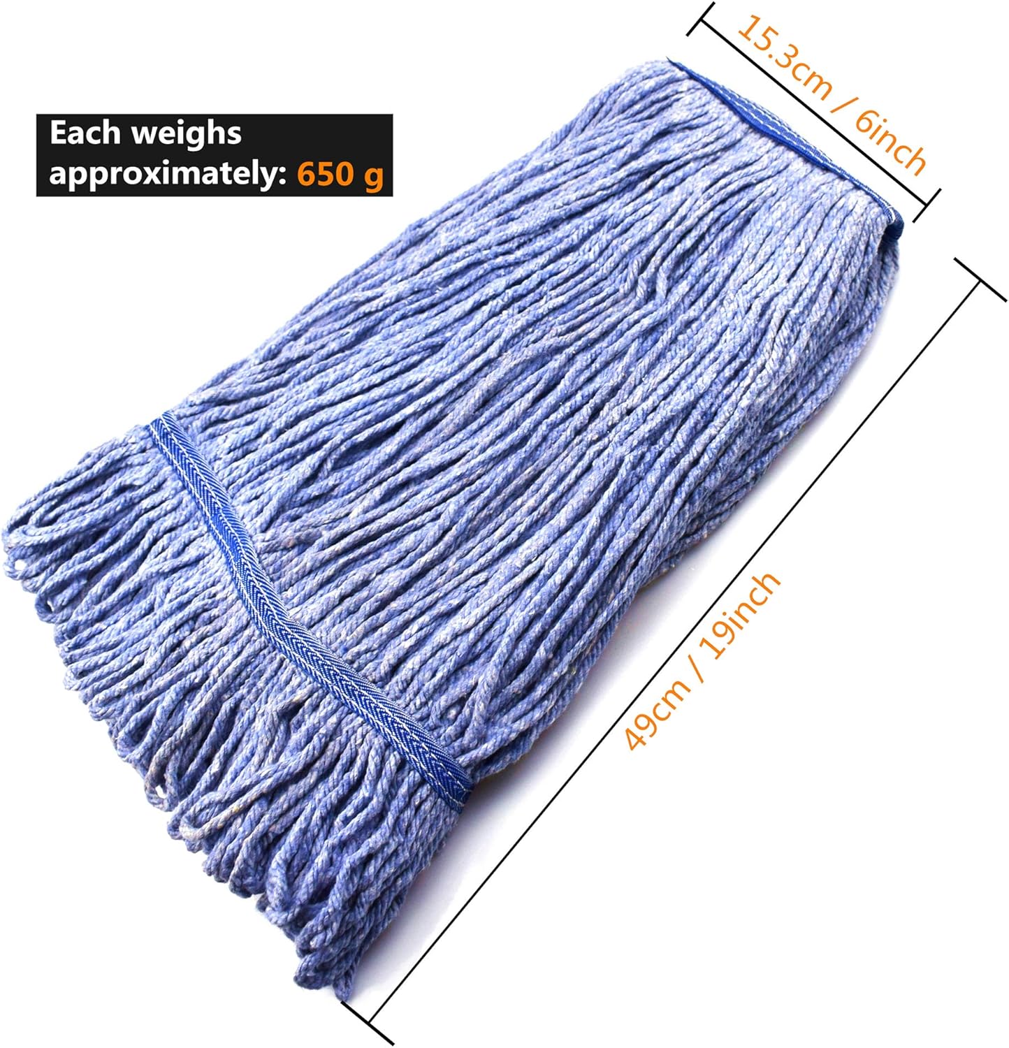 String Mop Heads Replacement Heavy Duty Commercial Grade Blue Cotton Looped End Wet Industrial Cleaning Mop Head Refills (6, Large)