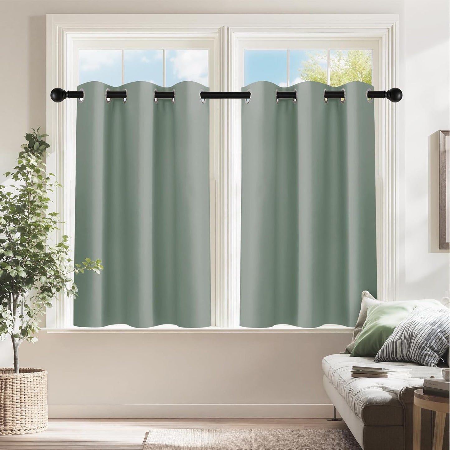 PONY DANCE Sage Green Small Curtains for Bathroom, Black Out Thermal Insulated Short Window Drapes Grommet Room Darkening Half Window Curtains for Studio Dorm Loft(2 Panels, W 42 x L 36 inches)