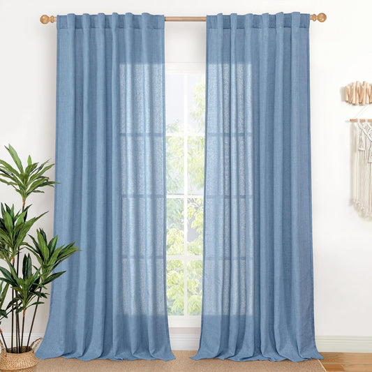 YoungsTex Denim Blue Linen Curtains 90 Inch Length for Living Room, Light Filtering Semi Sheer Window Drapes Rod Pocket Back Tab Curtain Extra Long for Bedroom Office Privacy, 2 Panels, 52 X 90 Inch