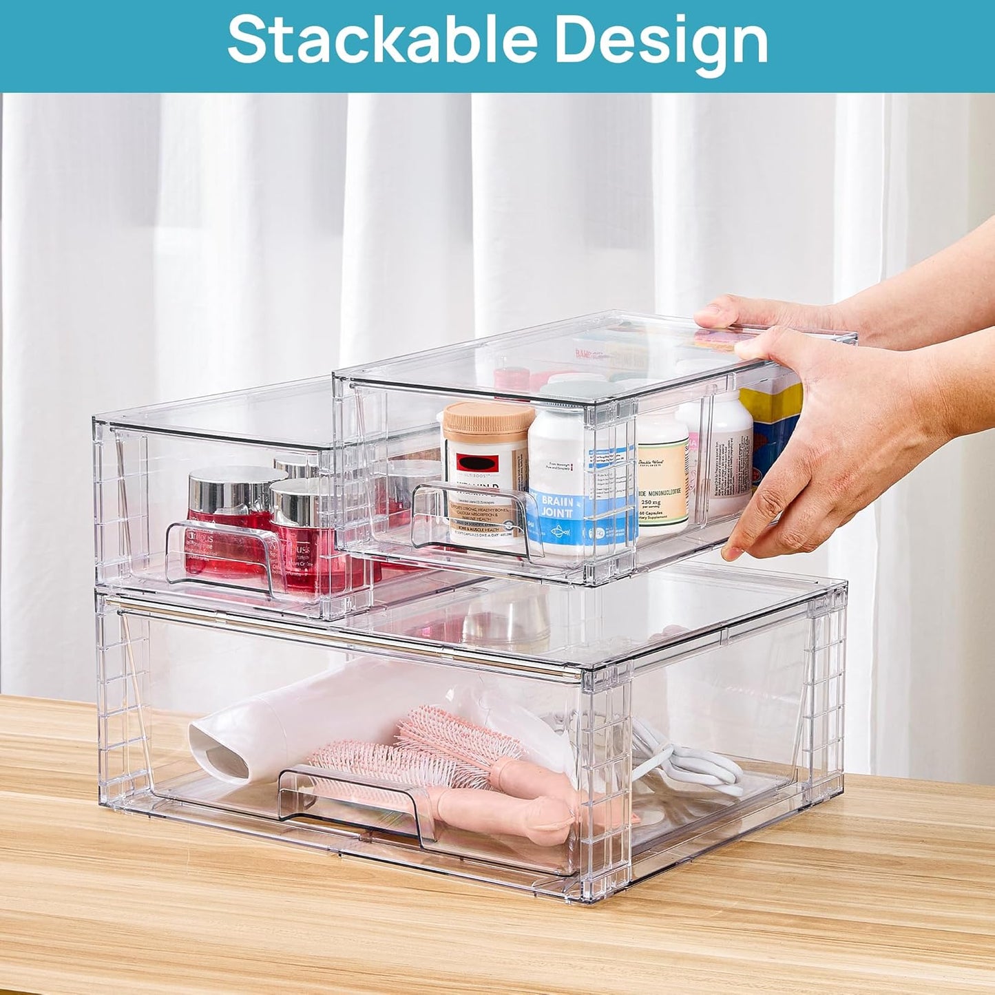 Vtopmart Clear Stackable Storage Drawers Set of 6, Easily Assemble Acrylic Bathroom Undersink Organizers,Plastic Storage Bins for Closet,Cabinet,Pantry,Medicine Organization