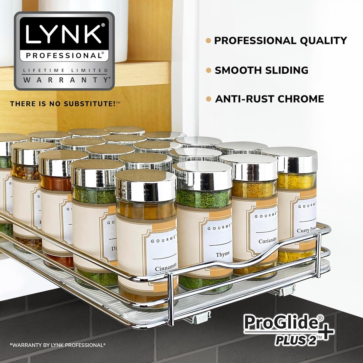 LYNK PROFESSIONAL® Pull Out Spice Rack Organizer for Inside Kitchen Cabinets - 8-1/4 inch Wide - Slide Out Drawer – Chrome Sliding Spice Cabinet Organization Shelf Racks - 1 Tier