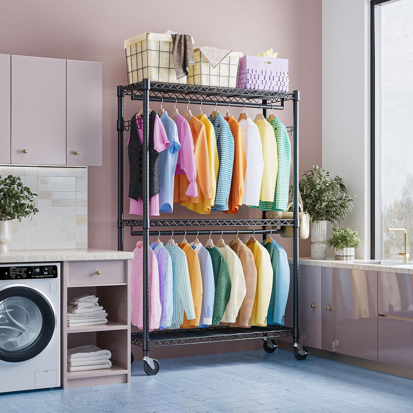 IZEUK 3 Tier Heavy Duty Rolling Garment Rack Wire Clothes Rack for Hanging Clothes, Metal Freestanding Closet Wardrobe Rack with Double Rods and Side Hooks Black 15.7" D x 45.3" W x 79.6" H