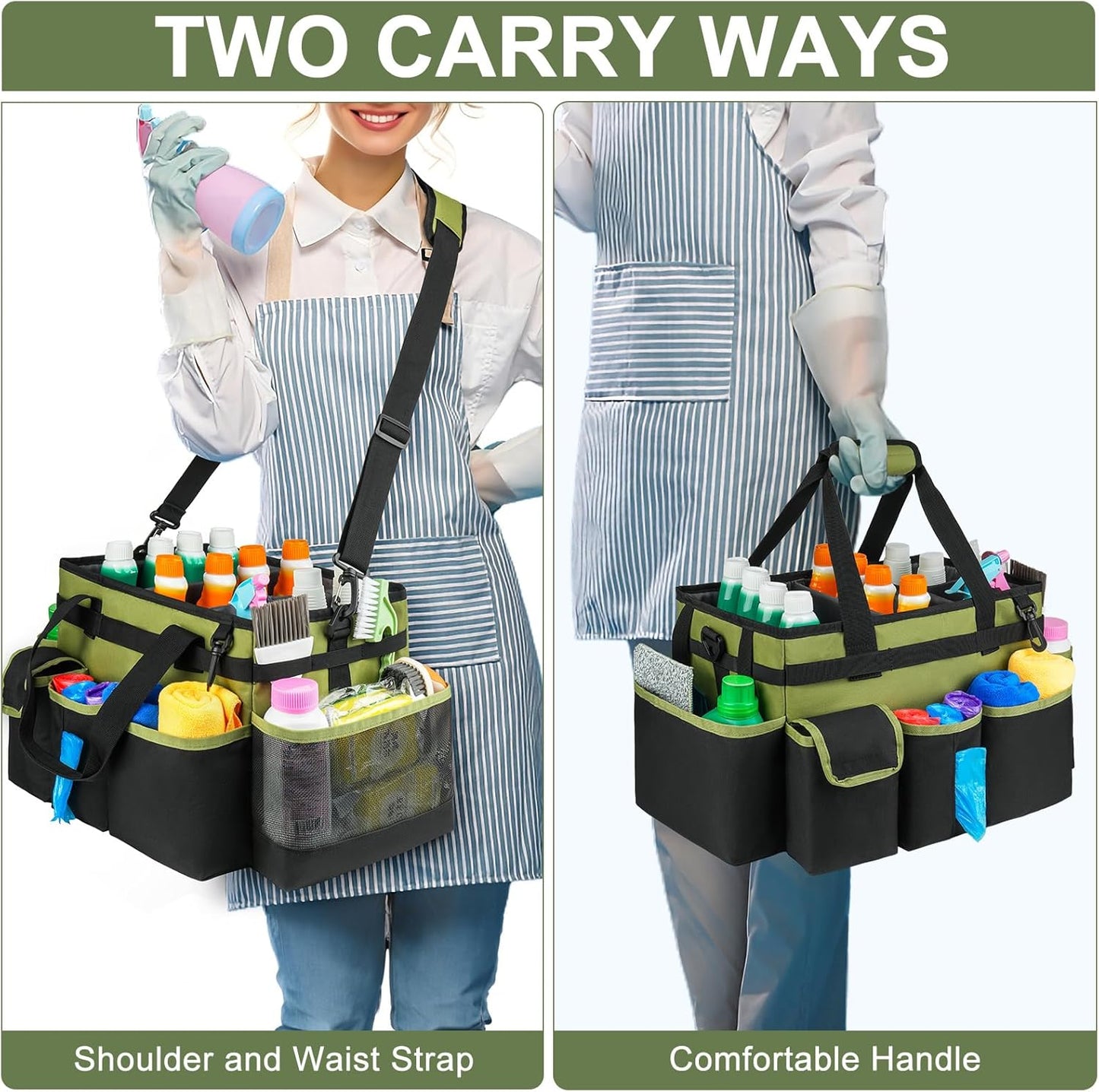 Cleaning Caddy,Large Cleaning Bags for Housekeepers,Cleaning Supplies Organizer with Handle,Green