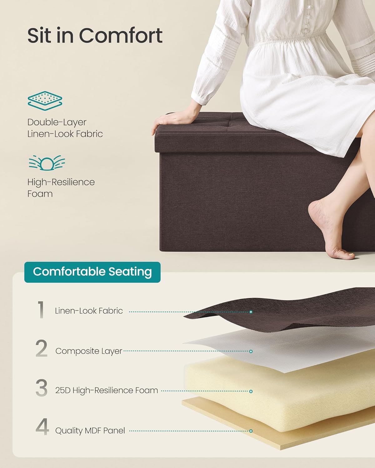 SONGMICS MAZIE Collection - 43 Inches Folding Storage Ottoman Bench, Ottoman Foot Rest, End of Bed Bench, Storage Chest, Load 660 lb, for Living Room, Bedroom, Entryway, Brown ULSF77BR