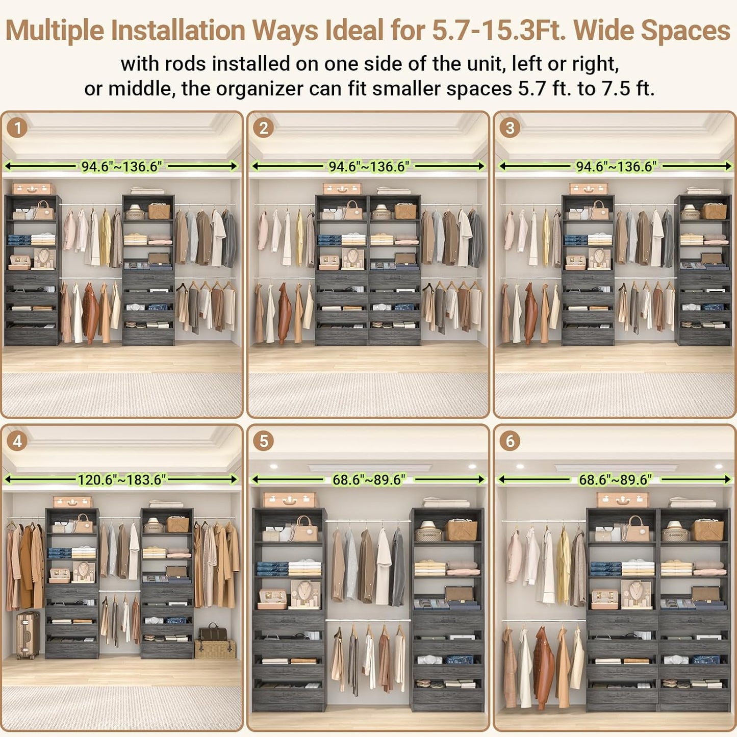 Aheaplus Closet System, 6-15Ft Closet Organizer with 8 Wooden Drawers, Wood Closet Organizer System with Tower, Walk-in Closet Organizer Wardrobe Garment Clothes Rack with 4 Hanging Rods, Black Oak