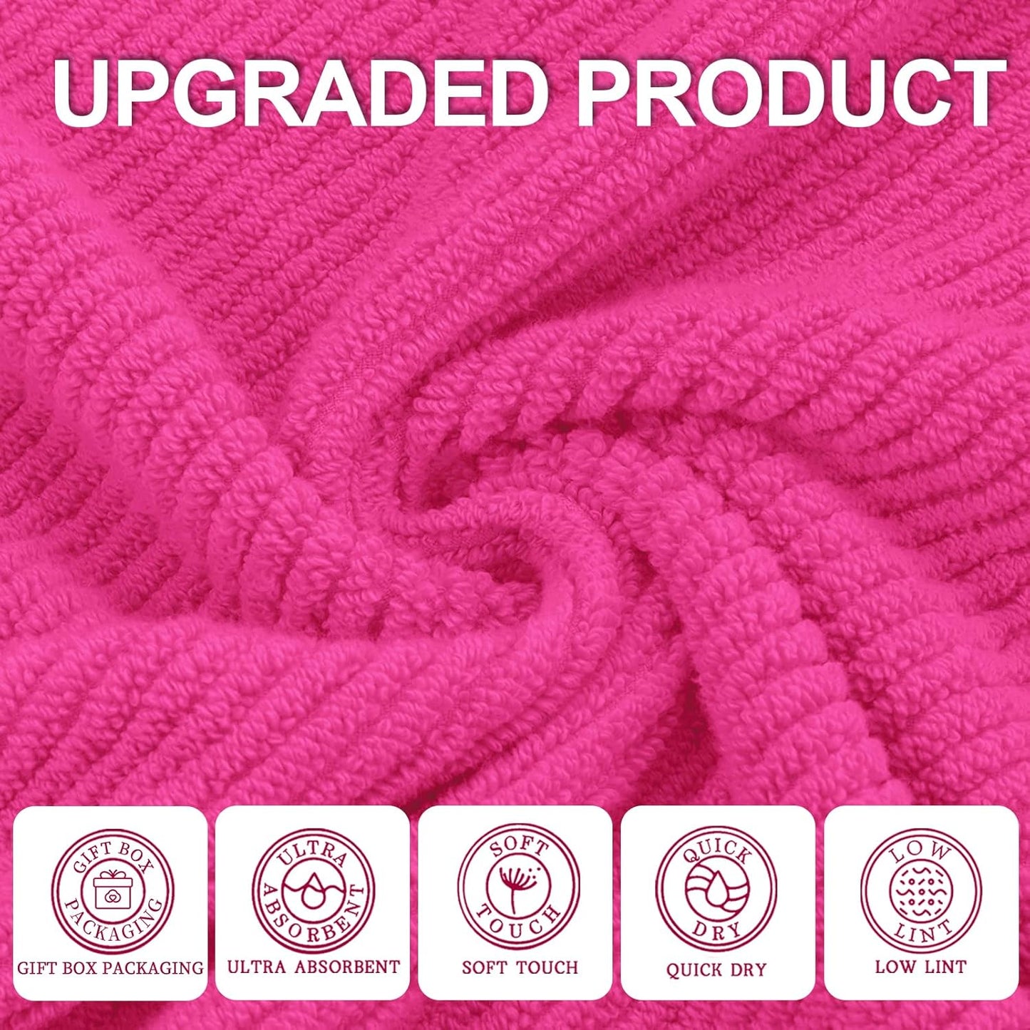 Hot Pink Bath Towels (4PC Large, 30"x56") - 100% Cotton | Quick Dry | Light Weight | Thick | Soft | Absorbent, Luxury Shower Towels with Hanging Loops, Towel Gift Set, Hot Pink Bathroom Accessories