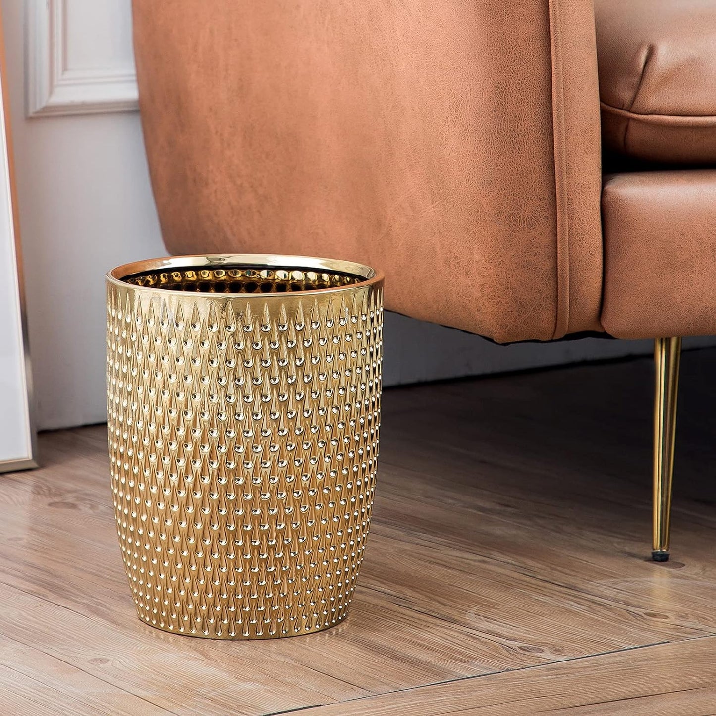 Modern Golden Small Trash Can Wastebasket, Garbage Container Bin for Bathrooms, Powder Rooms, Kitchens, Home Offices - Durable Ceramics - Round
