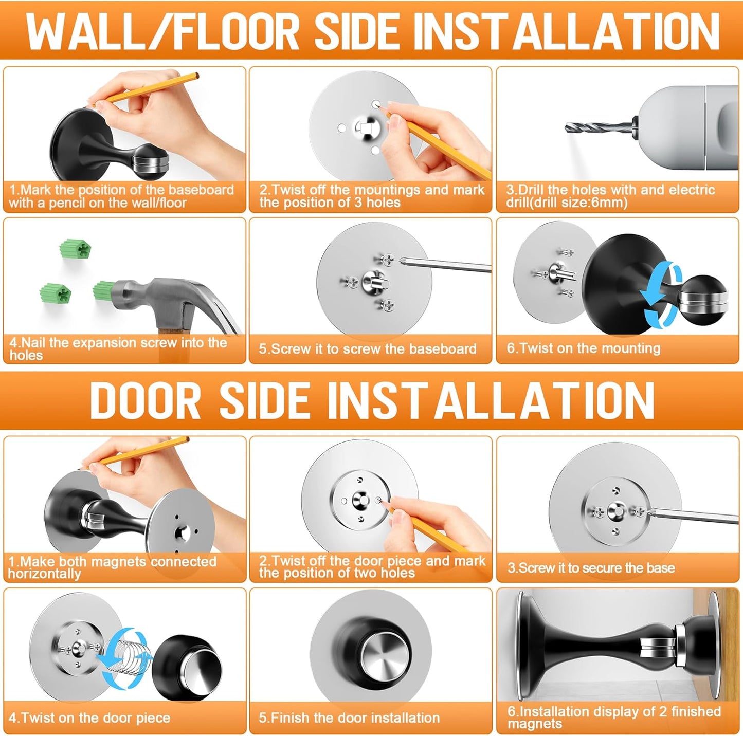 Crosize Magnetic Door Stoppers 2 Pack, Stainless Steel Door Catch for Wall and Floor Mounting, Door Holder Keep Door Open, No Drilling Door Stop with Adhesive Tapes, Silver