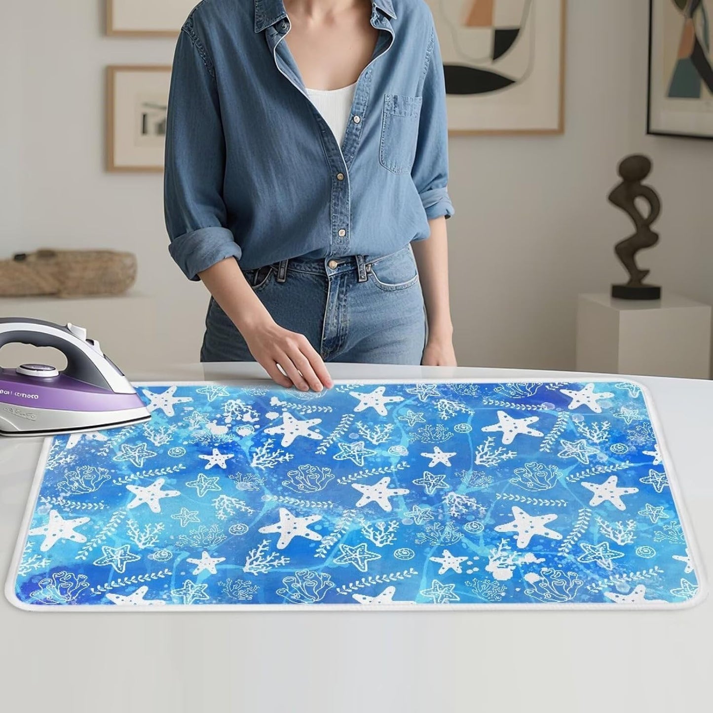 Ironing Mat Thickened Blue Stars Ironing Blanket Travel Portable Ironing Pad Travel Isolate Heat Pad Cover for Washer Dryer Table Top Countertop 32 x 16 Inch