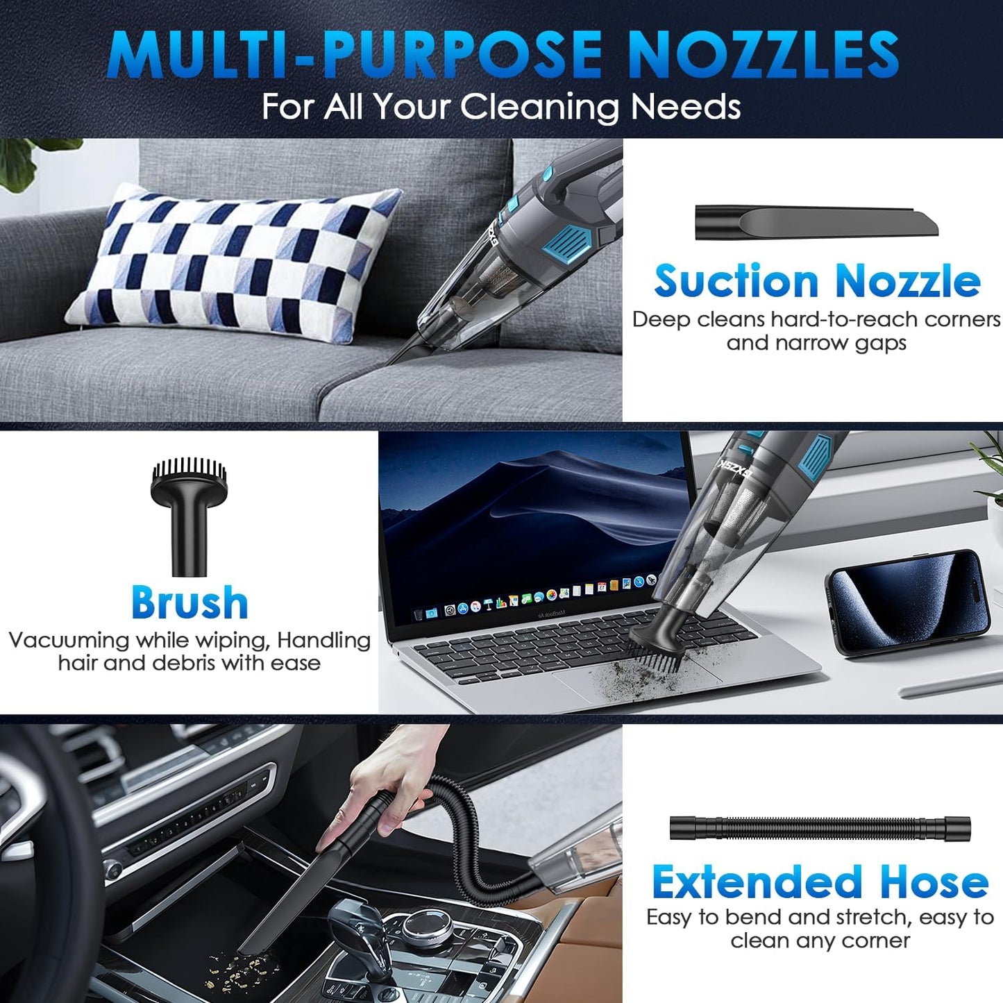 Handheld Vacuum Cordless, 15000PA Strong Suction Hand Held Car Vacuum Cleaner Rechargeable, Portable Hand Vacuum with Multi-Nozzles & Washable Filter for Home Office, Car, Pets