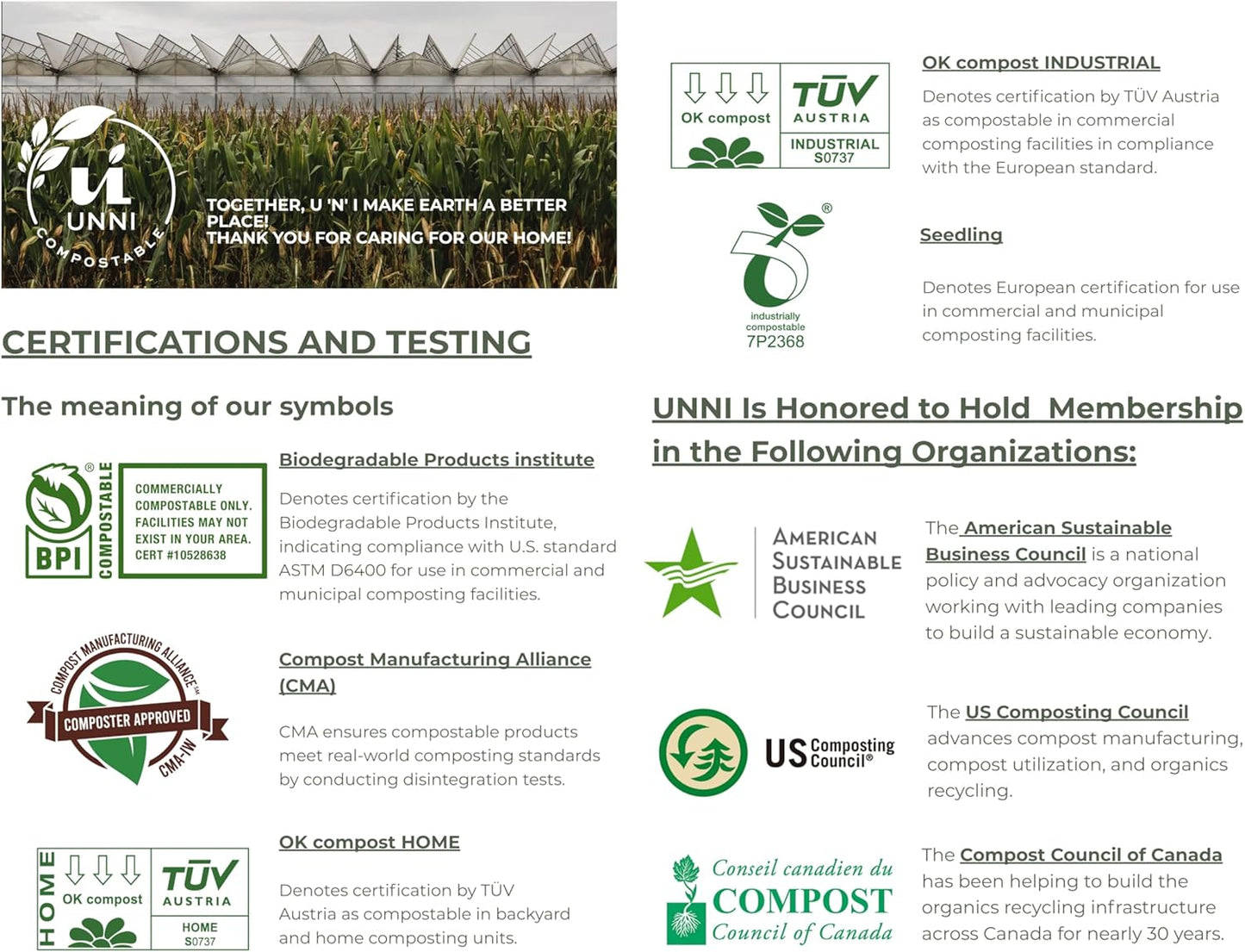 UNNI Compostable Trash Bags, 2.6 Gallon / 9.84 Liter, 100 Count, Extra Thick 0.71 Mil Small Kitchen Food Scrap Bin Liners, Certified by BPI, CMA & OK compost HOME, Meets the ASTM D6400 Standard