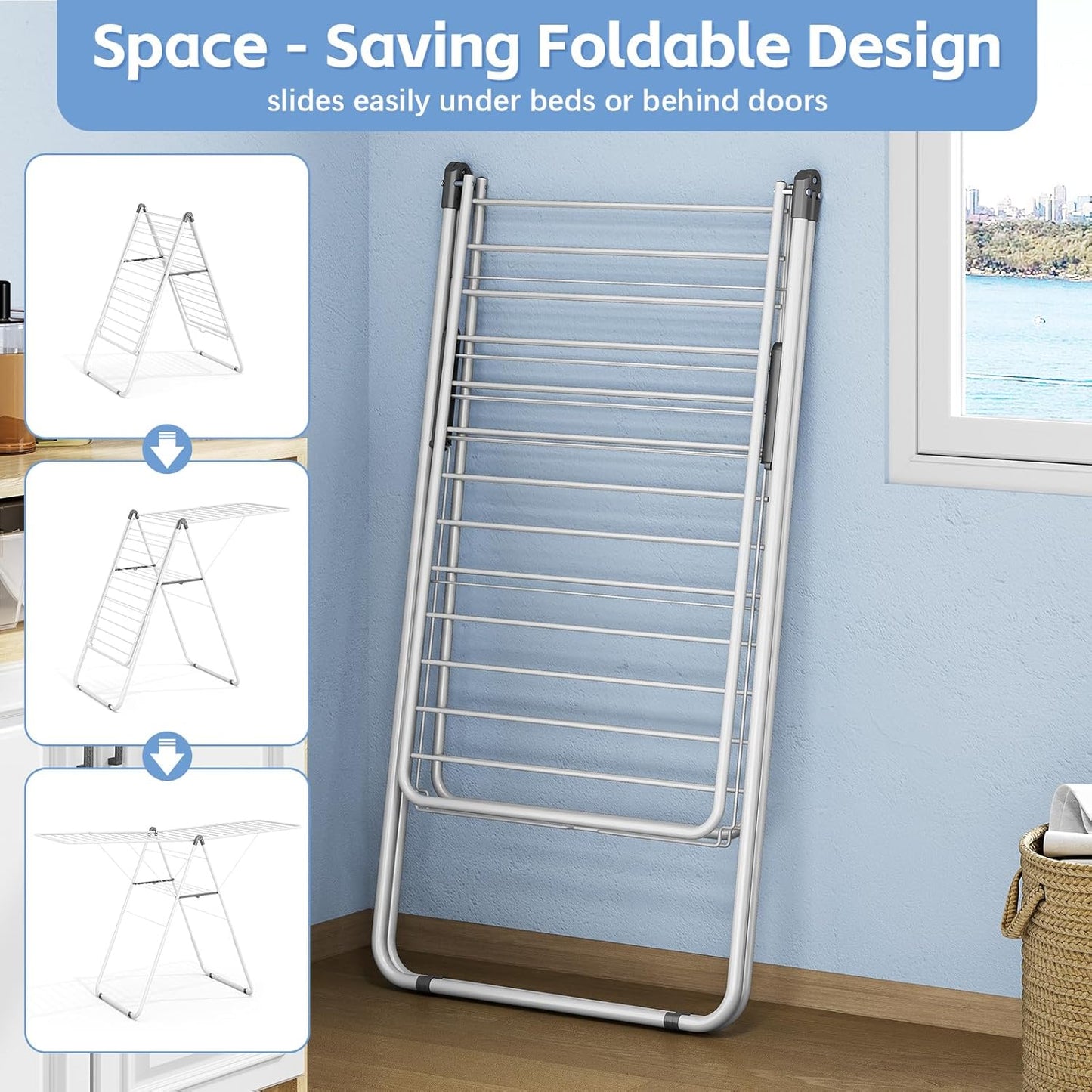 KINGBOARD Clothes Drying Rack Foldable, Metal Drying Rack Clothing with Height-Adjustable, Laundry Rack, Indoor Outdoor Use, No Assembly, 20.47"x 70"x 42.52", White