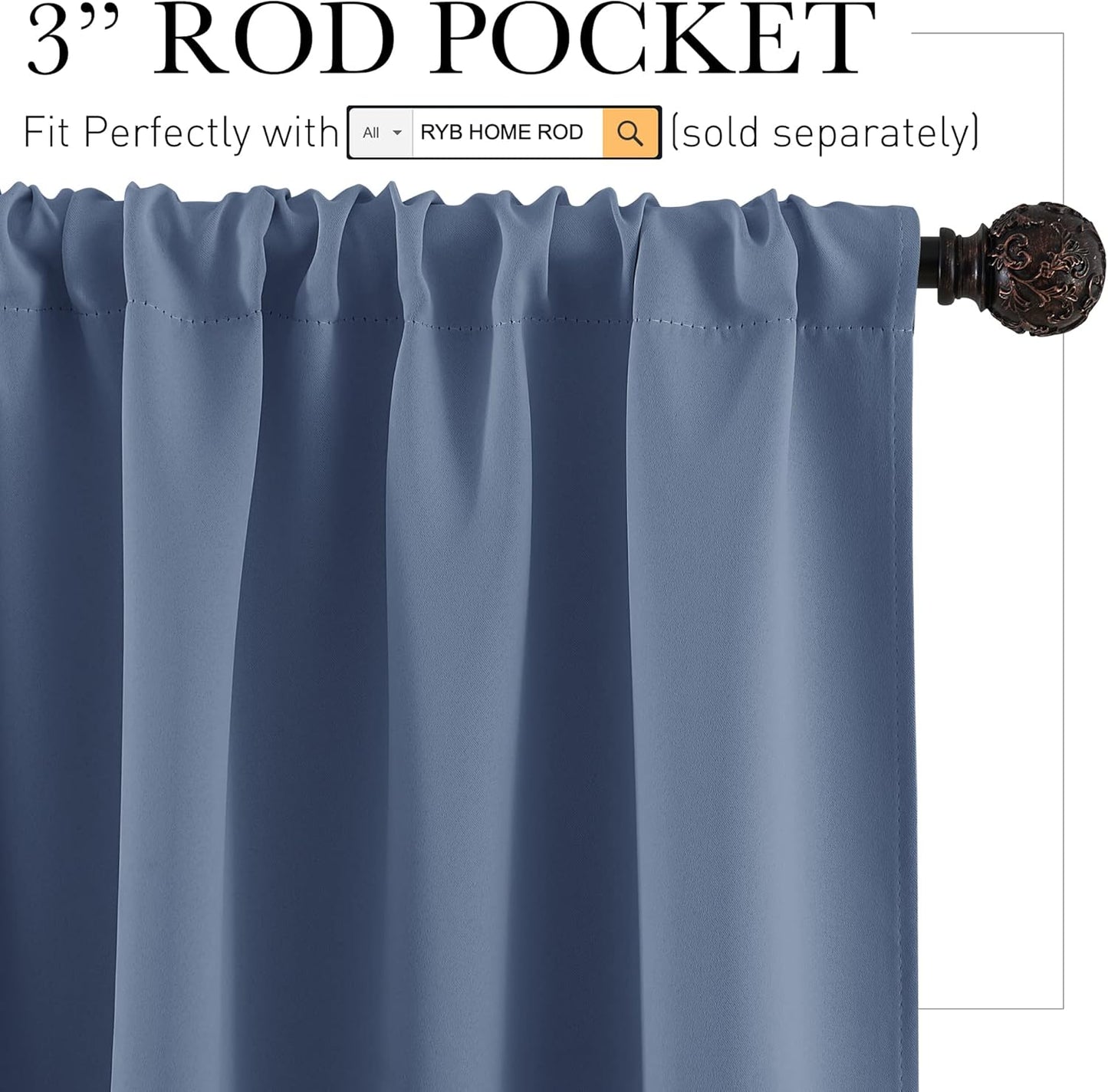 RYB HOME Short Blackout Curtains 36 inches, Solid Heavy Duty Small Window Treatment Room Darkening Privacy Draperies for Basement Bathroom Bedroom, Stone Blue, W42 x L36 inch, 2 Panels